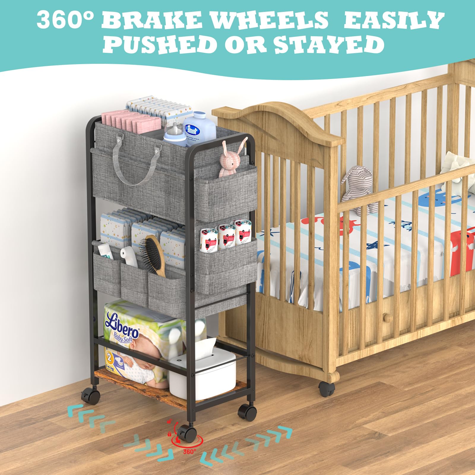 2In1 Baby Diaper Caddy & 4-Tier Diaper Cart Organizer With Wheels, Diaper Rolling Cart with Dividers & Dust-proof Drawer, Metal Detachable Bedside Cart for Nursery Essentials Storage, Large Capacity