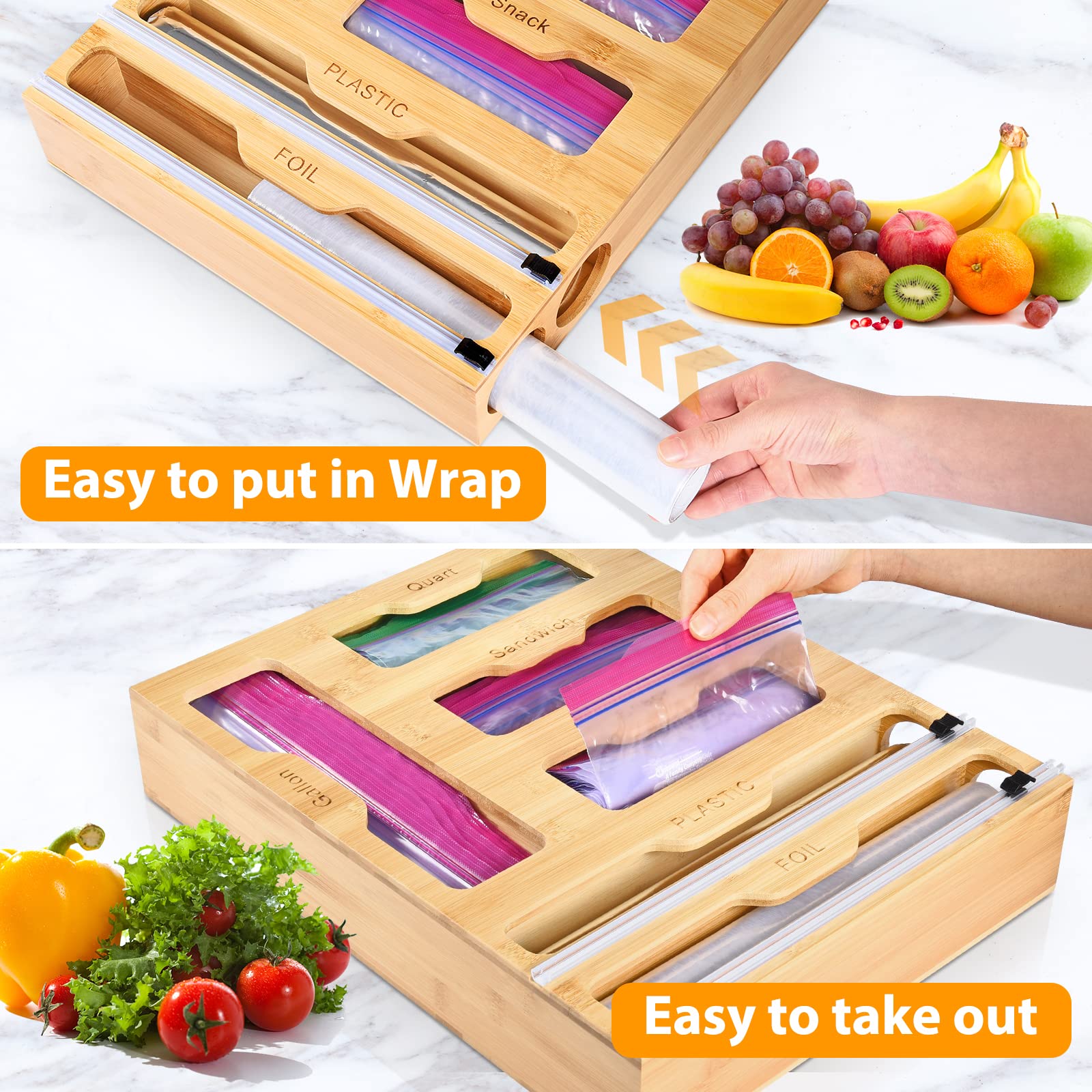 INHOTBY Foil and Plastic Wrap Organizer,Bamboo Ziplock Bag Organizer,6 in 1 Aluminum Foil Dispenser with Cutter,Tin Foil Baggie Organizer for Drawer,Kitchen containters Organization and Storage