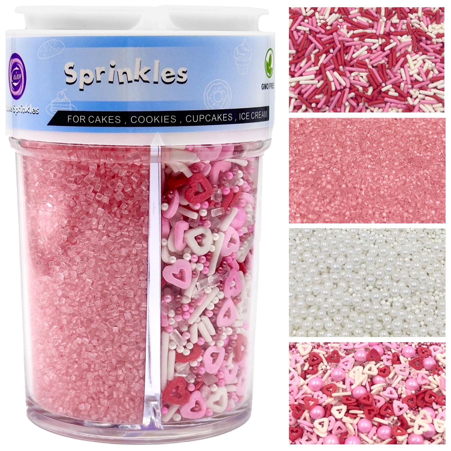 Valentines Sprinkles for Cake Decorating, Pink Heart Jimmies Frosting and Pearl Sprinkles Mix for Valentines Day Cookie Ice Cream Baking Cupcake Topping