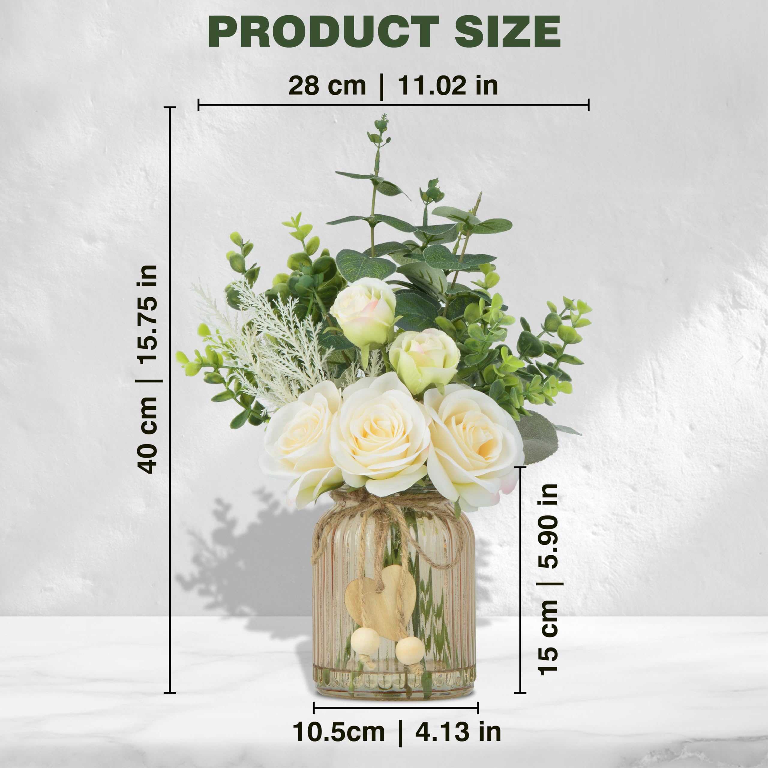 TOPSV Fake Flowers with Vase, Silk Roses Artificial Eucalyptus in Glass Vase for Farmhouse Bathroom Kitchen Table Decor, Silk Flower Arrangements for Bedroom, Dining Room, Living Room Decor