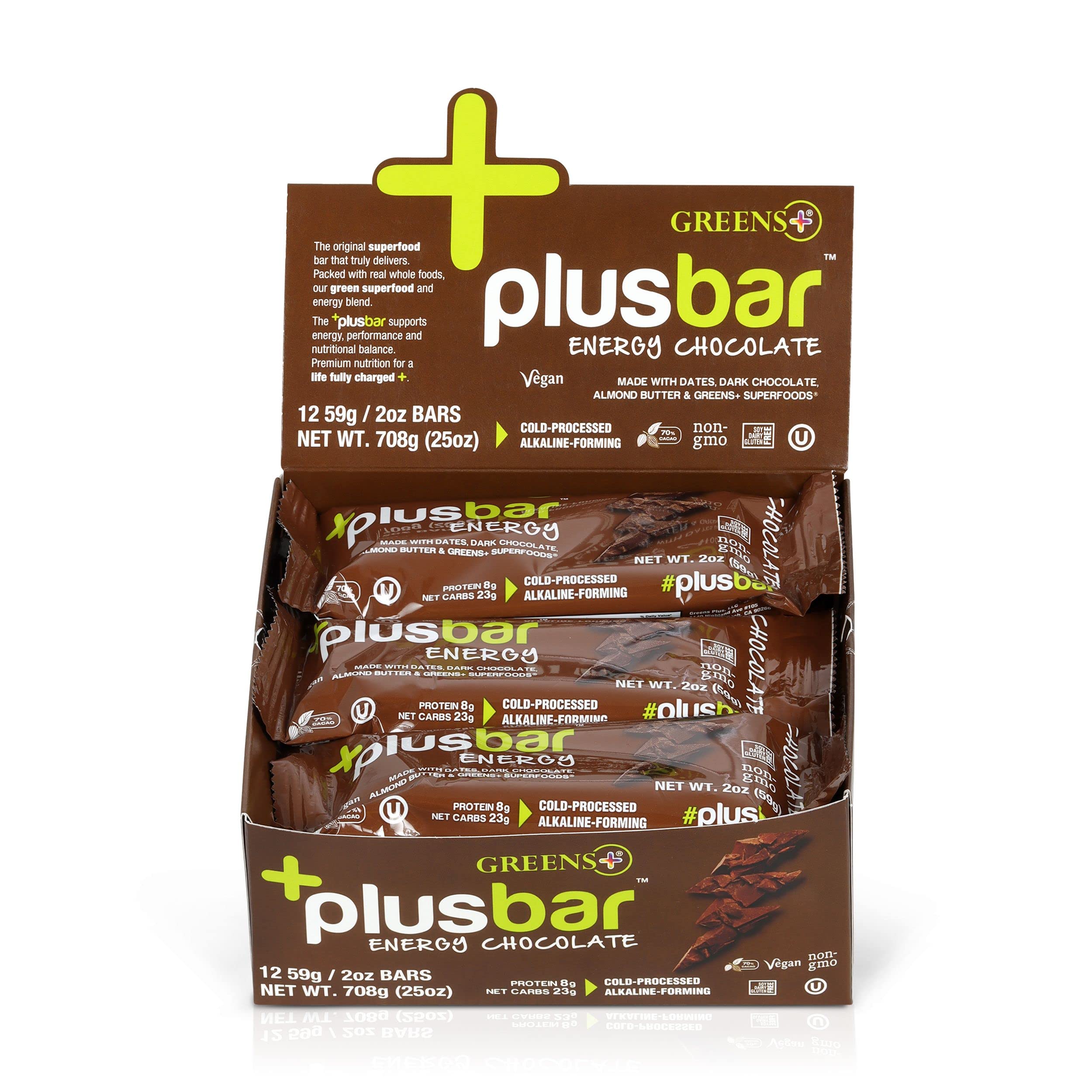 Greens+ Plusbar Energy Bars, Chocolate, Gluten Free Healthy Snacks with Organic Super Greens, Superfoods & Dark Chocolate, Vegan, Dairy Free & Non GMO, 8g Protein Meal Replacement Bars, 12 Bars