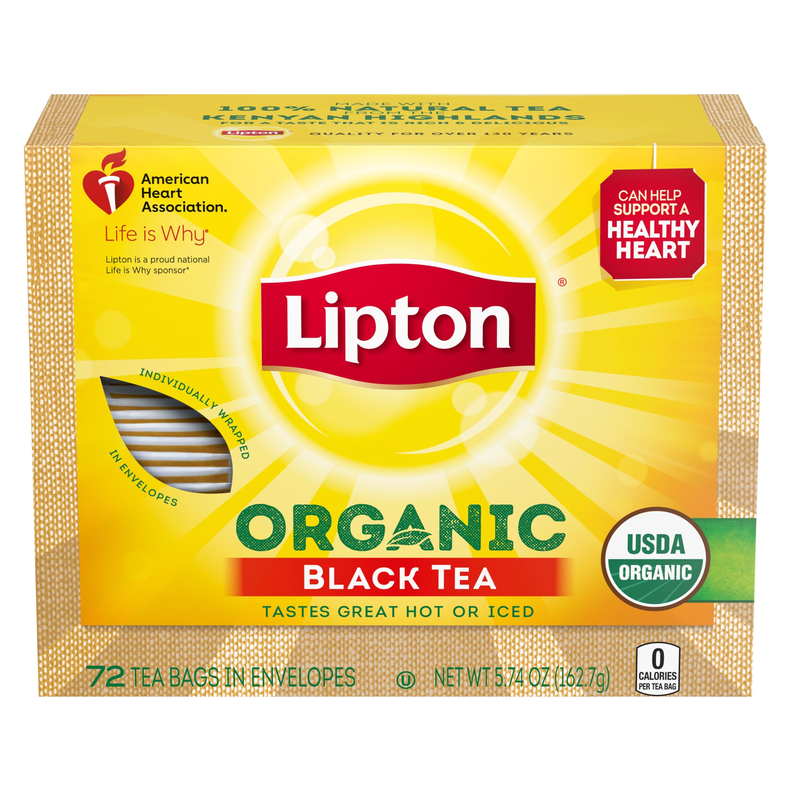 Lipton Organic Tea Bags, Black Tea, Iced or Hot Tea, Can Support Heart Health, 72 Total Tea Bags