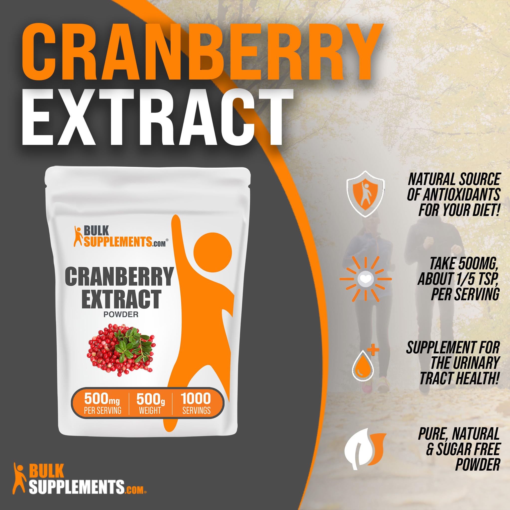 BulkSupplements.com Cranberry Extract Powder - Cranberry Supplements for Women & Men, Cranberry Extract 500mg - Vegan & Gluten Free, 500mg per Serving, 500g (1.1 lbs) (Pack of 1)