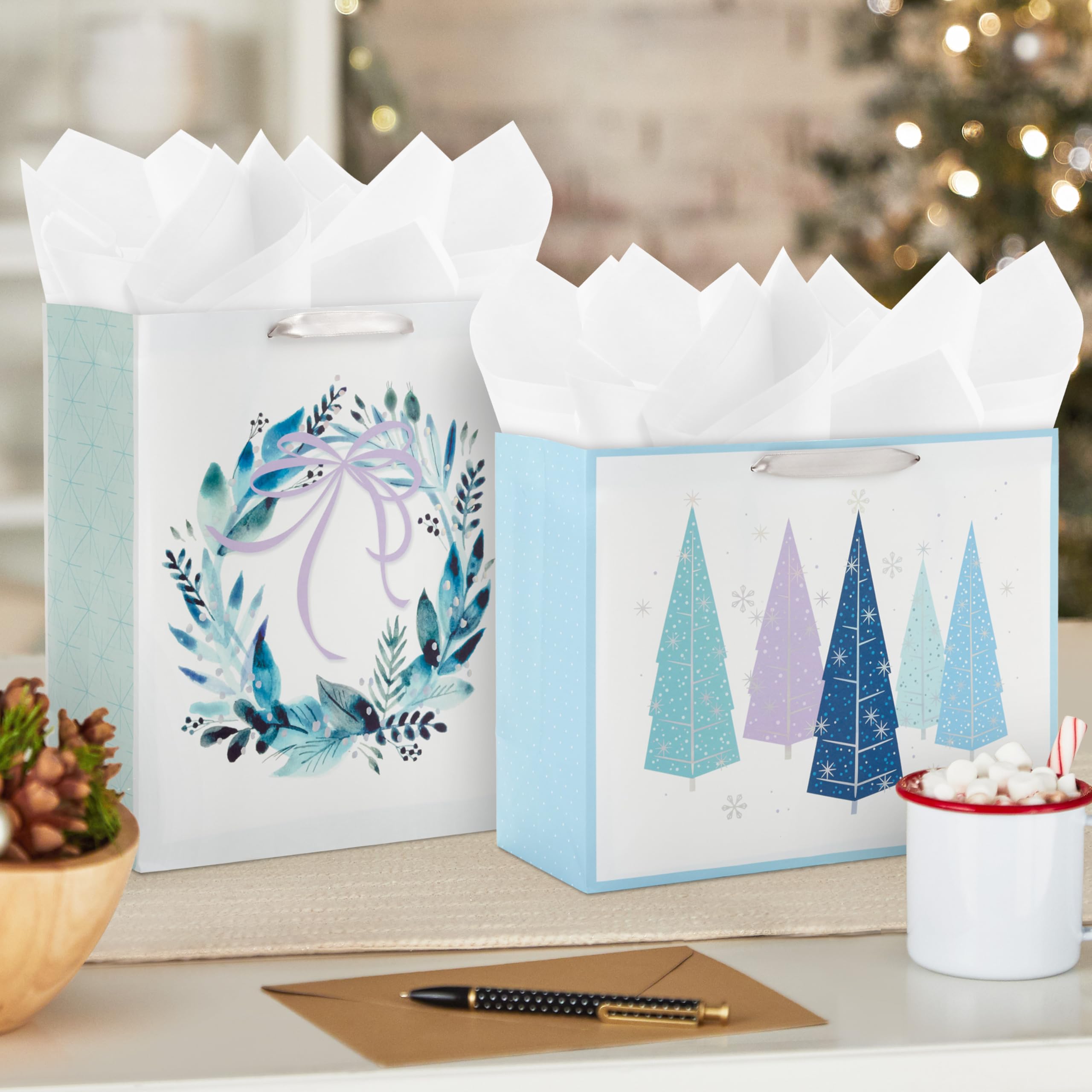 Hallmark 13" Large Gift Bag Bundle (3 Bags: 2 Vertical, 1 Horizontal) Watercolor Winter Wreath, Trees, Joy in Lavender, Sage Green, Light Blue, Silver