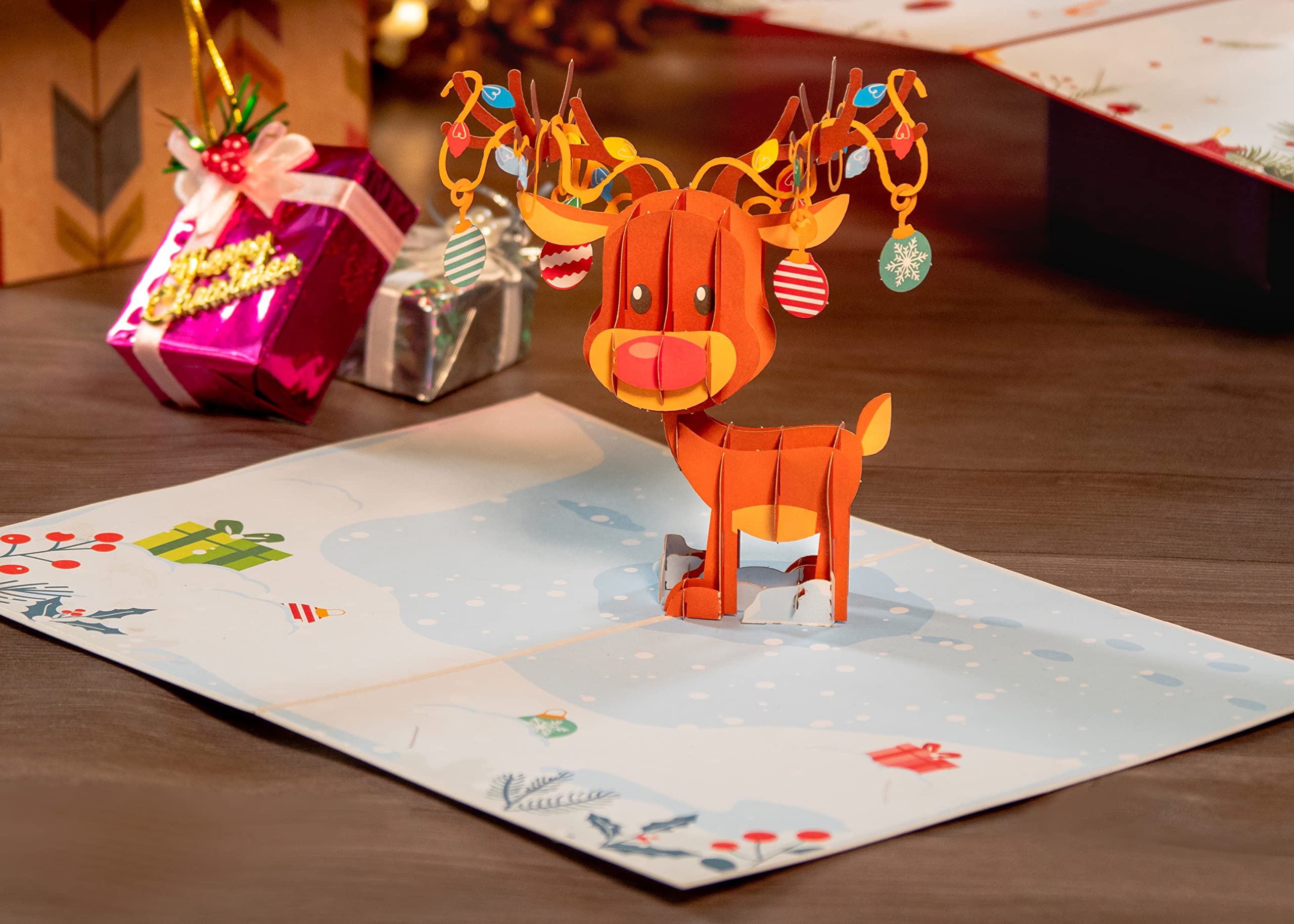 Paper Love 3D Reindeer Pop Up Christmas Card, Gift for Christmas or Holidays, 5" x 7" Cover - Includes Envelope and Removable Note Tag