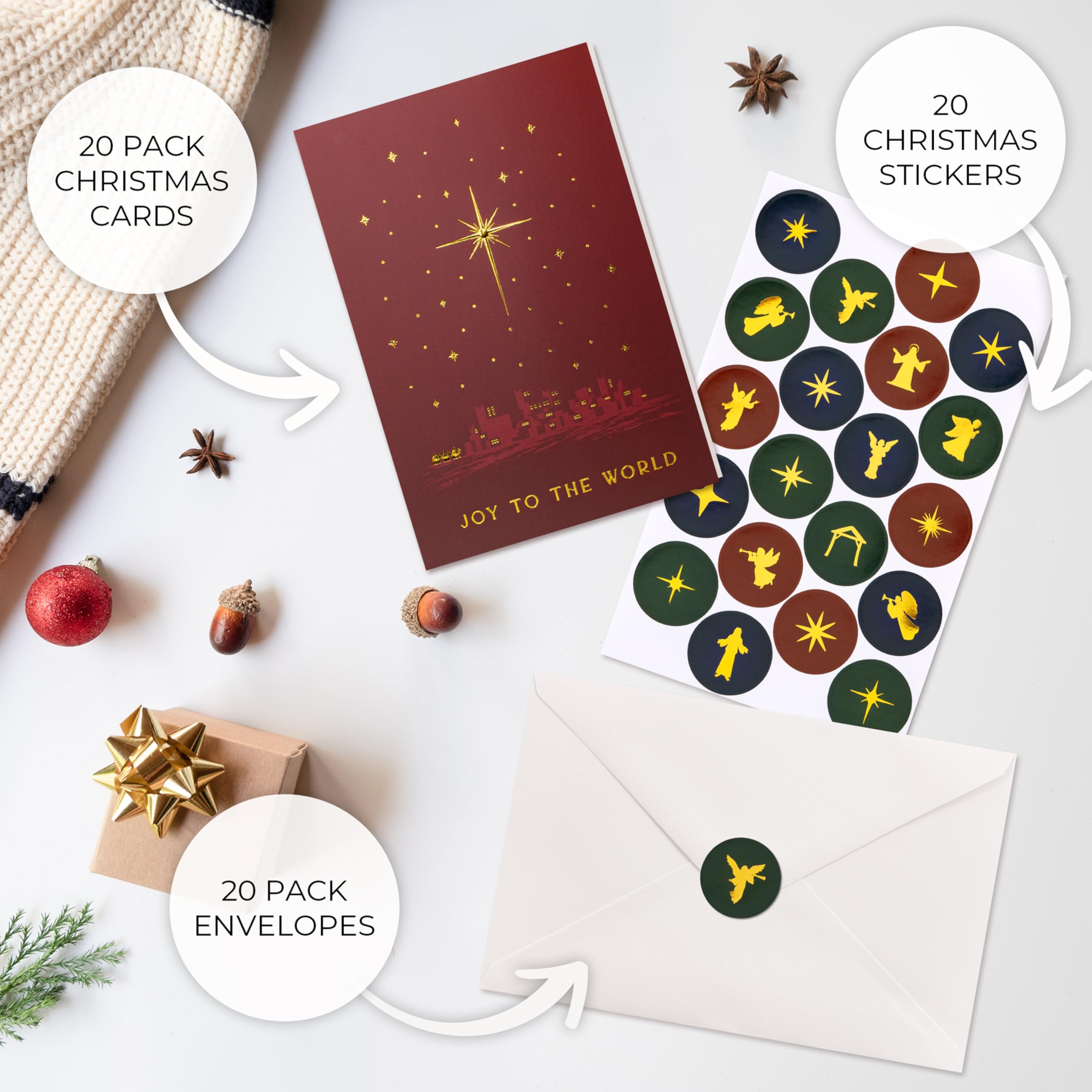 ZICOTO Beautiful Christmas Cards Set of 20 with Religious Designs - Incl. Bulk Envelopes, Matching Stickers And Storage Box - Perfect to Send Warm Holiday Wishes to Friends and Family