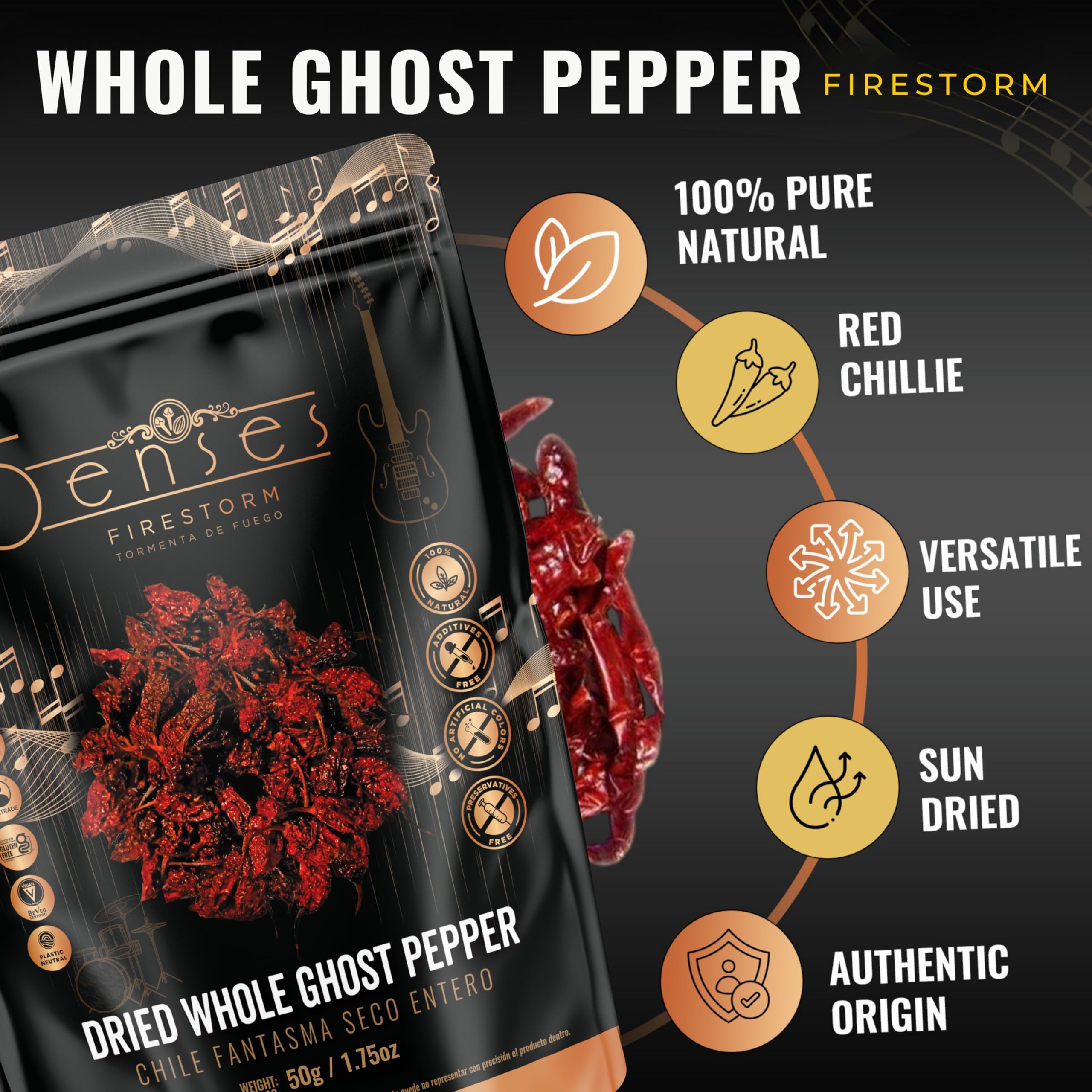 5Senses Dried Whole Ghost Peppers | Bhut Jolokia, Chile Fantasma | Firestorm | Single Origin, 100% Natural, Non-GMO, Fairtrade, Vegan Spice, Whole Chili Pods | Assam Ghost Chili | Naga Jolokia | Super Hot Pepper | Extreme Heat Chili (1.75oz/50g)
