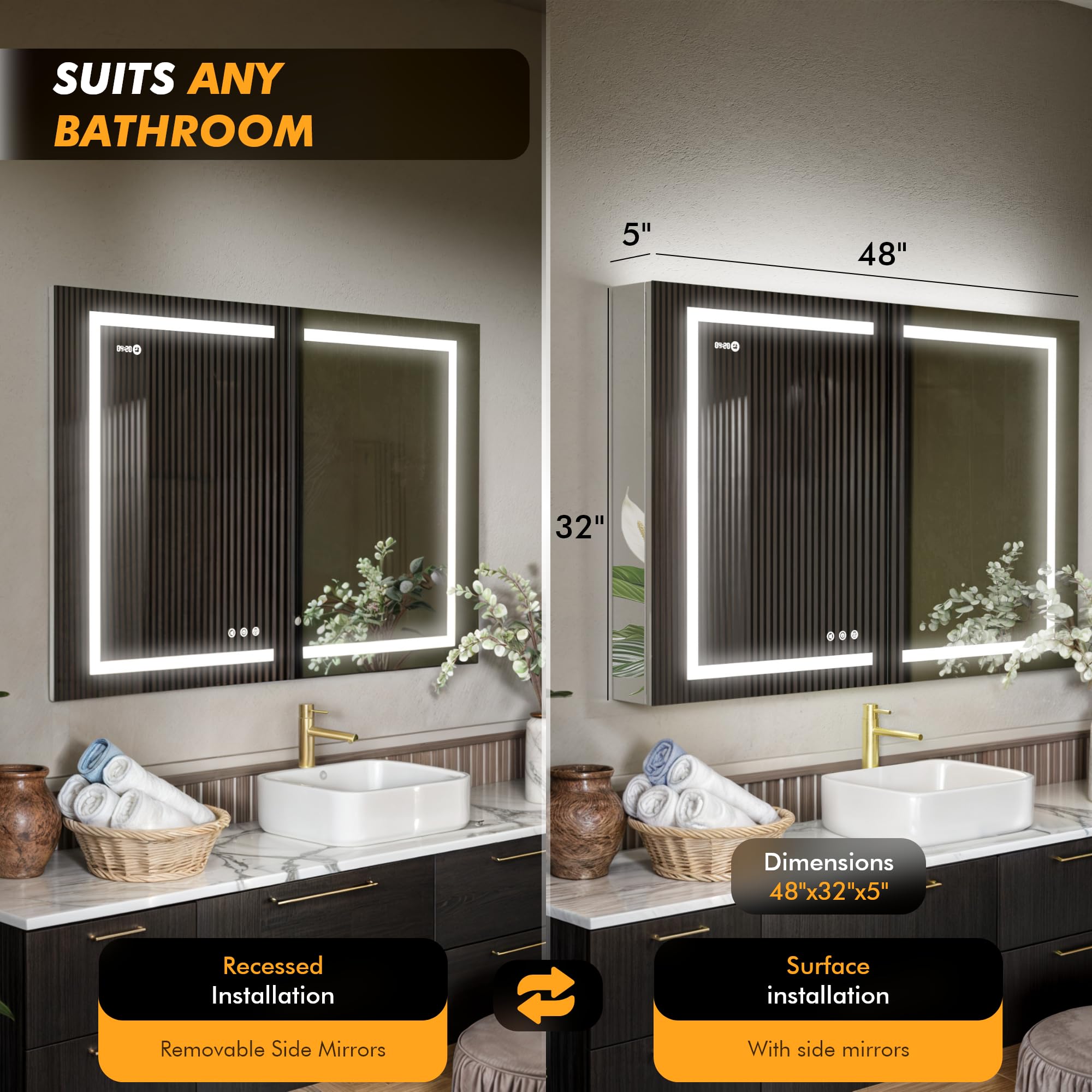 KRISTALLUM LED Lighted Medicine Cabinet Front & Backlit Dimmable Colours, Clock & Temp, USB Outlets