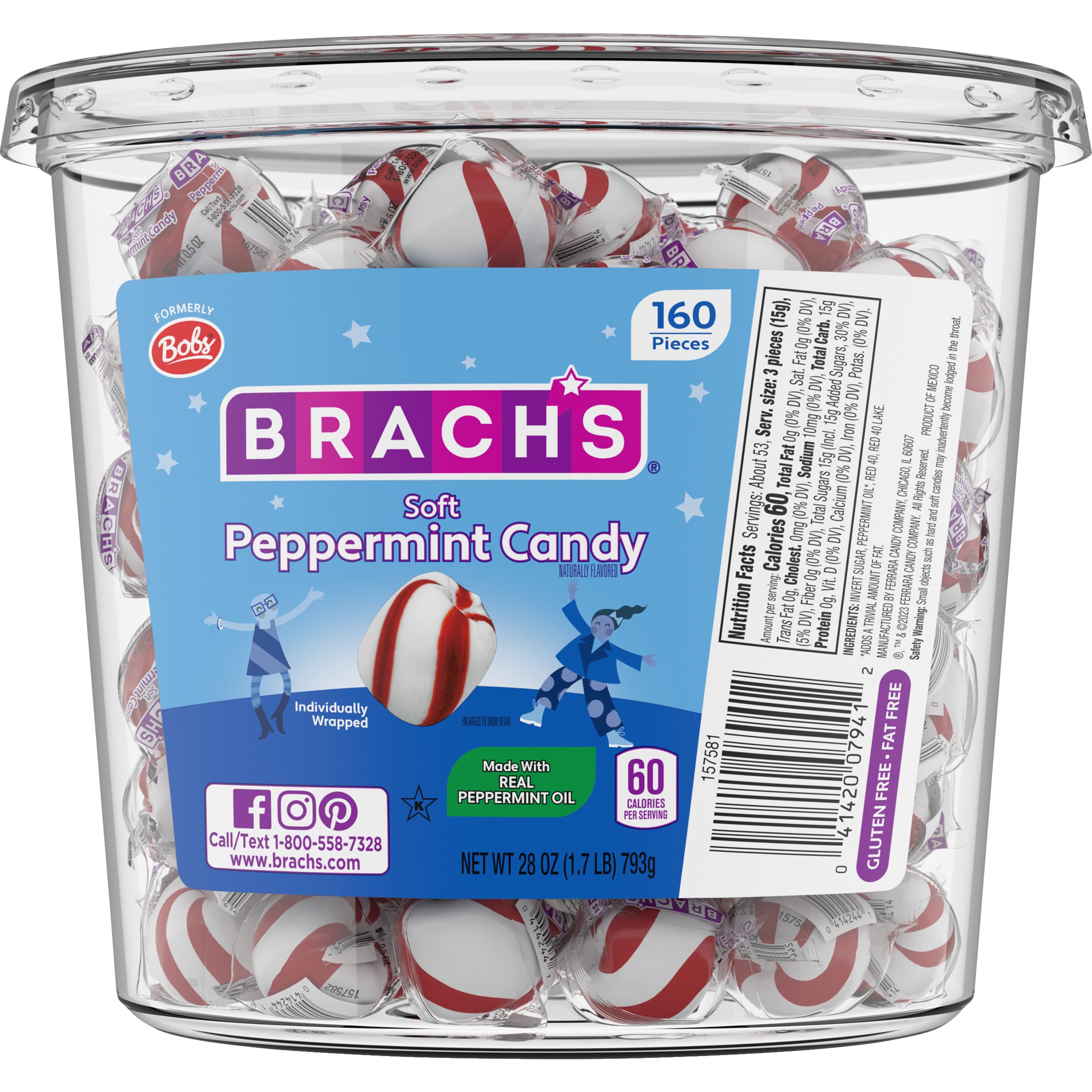 Brach's Bobs Sweet Stripes Soft Peppermint Candy, 160 Individually-Wrapped Pieces, 28 Ounce Jar