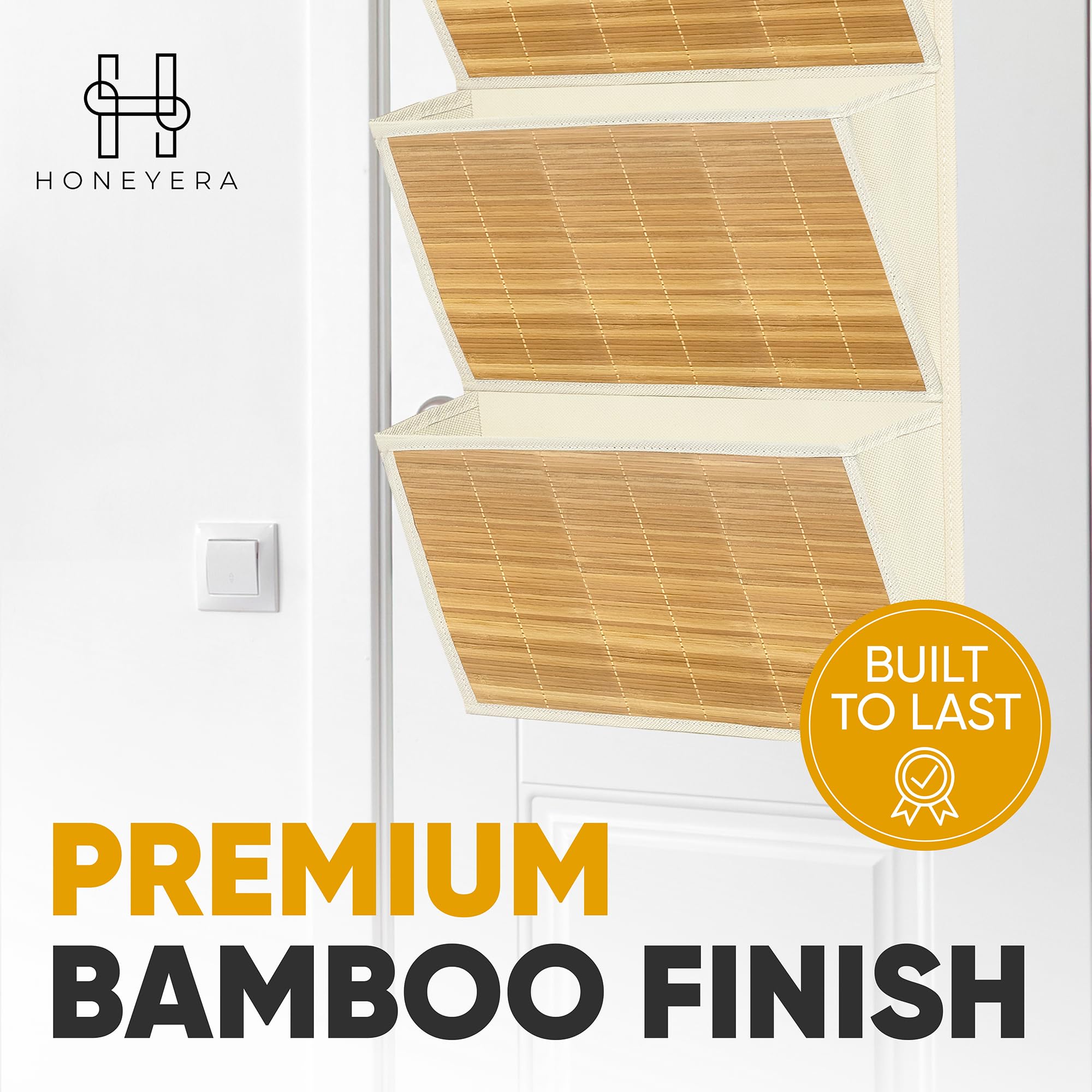 Luxury Over the Door File Organizer with Bamboo Cover – 4 Spacious Pockets for Hanging File Organizer, Premium Hanging Wall File Organizer Folder with Hooks, Ideal for Home Office, Classroom