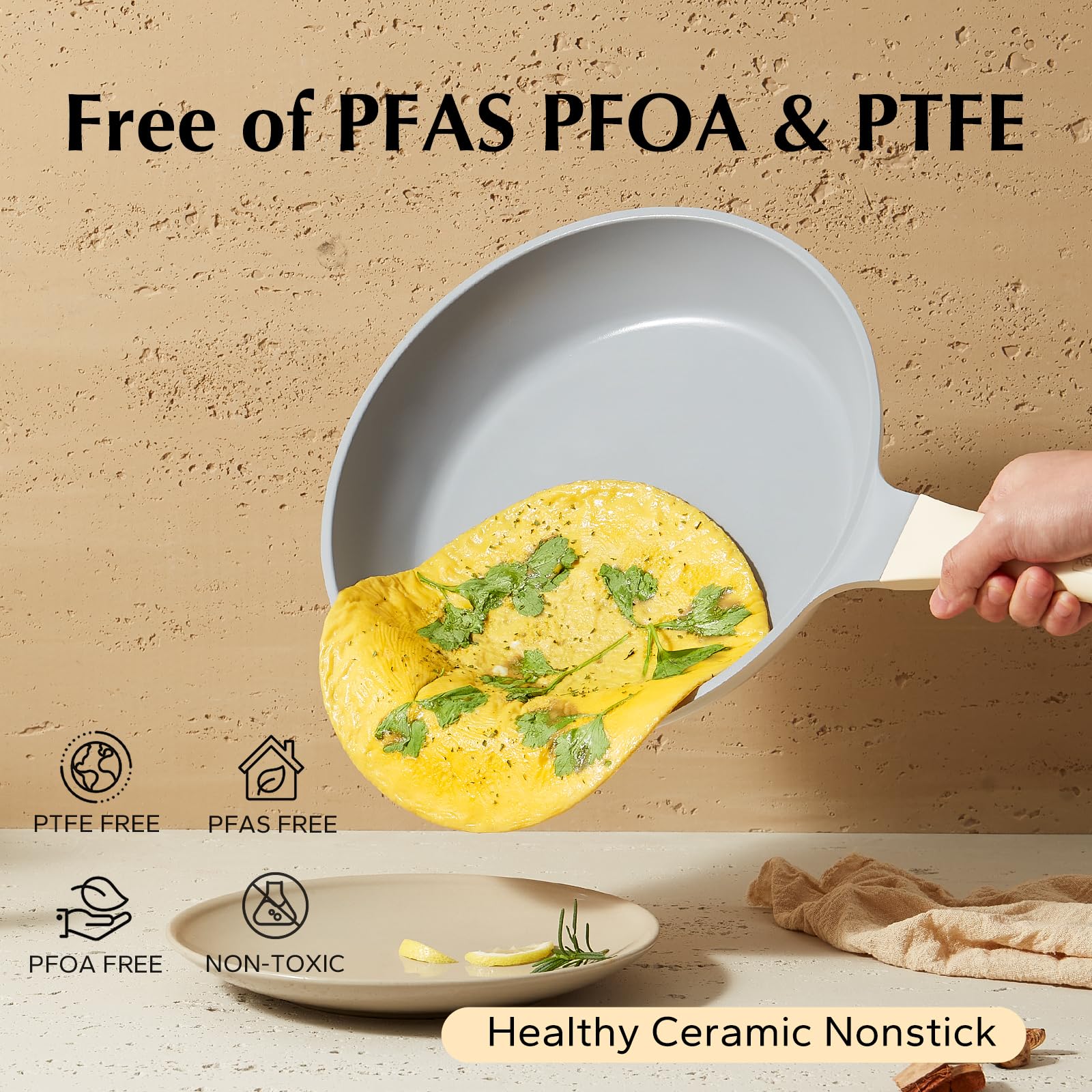 Redchef Ceramic Pots and Pans Set - 7 Piece Non Stick Cookware Set, Healthy and Non Toxic, PFAS PFOA & PTFE Free (Cream)