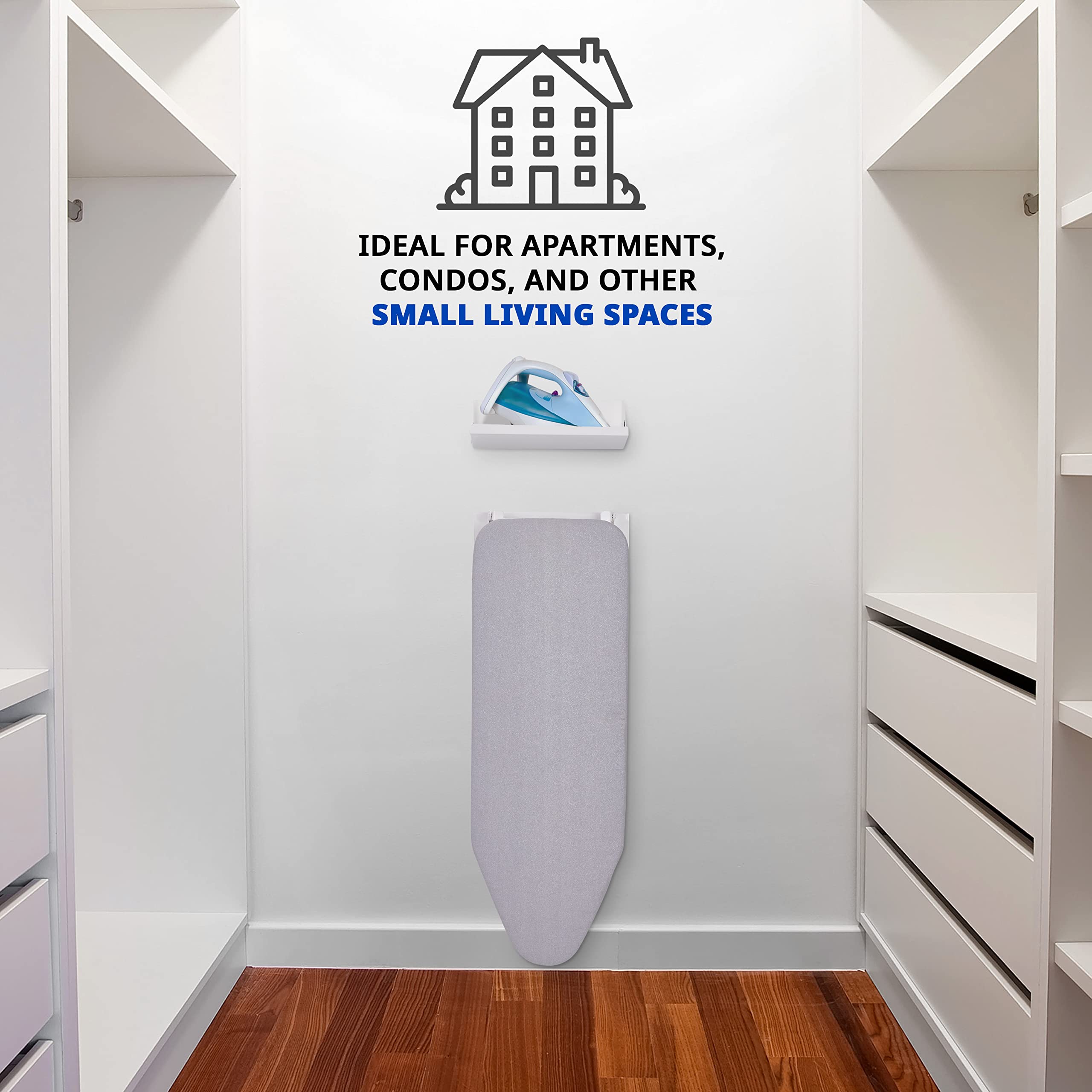 Ivation Wall-Mounted Ironing Board With Storage Shelf, Foldable 36.2” x 12.2”, Fold Down Ironing Station for Home, Apartment &, Easy-Release Lever, Removable Cotton Cover & Dorms, Hardware Included