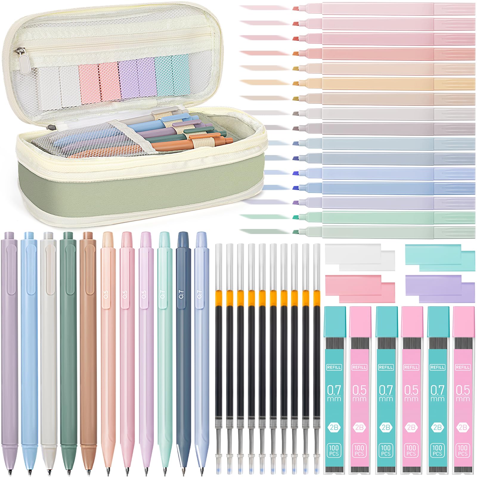 Toidgy 52 PCS Aesthetic School Supplies with Cute Pencil Case, Stationery Essentials with Pens Pencils and Pastel Highlighters Set,College Back to School Supplies for Teen Girls,Pastel Office Supplies