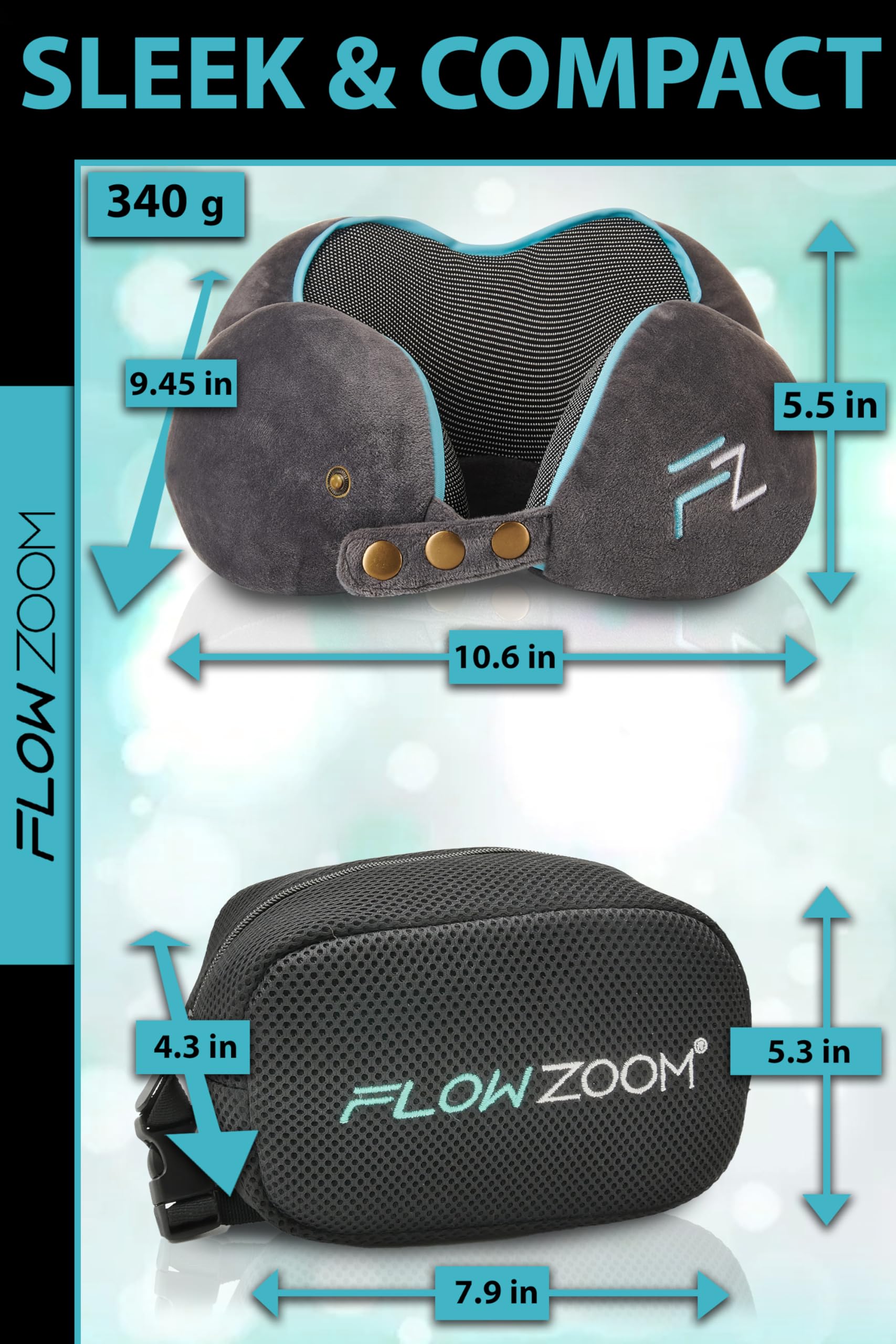 FLOWZOOM Travel Pillow Memory Foam - Airplane Neck Pillow for Long Flight - Travel Pillows for Airplanes - Adjustable Travel Neck Pillow - Flight Pillow - Car & Plane Pillow - Adults, Grey