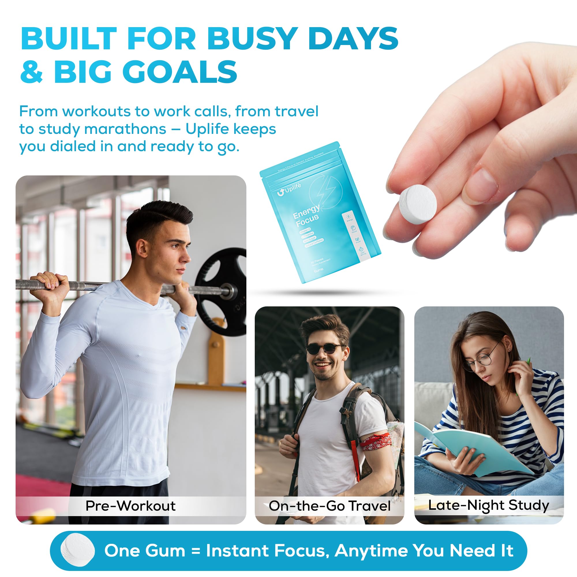 UPLIFE Energy and Focus Gum 90 Pcs – Made in USA - Peppermint Gum Flavor – Natural Caffeine Gum Coffee Alternative - Organic Gum with 40mg Caffeine + 80mg L-Theanine + B3 & B12 - Suger Free, Non GMO