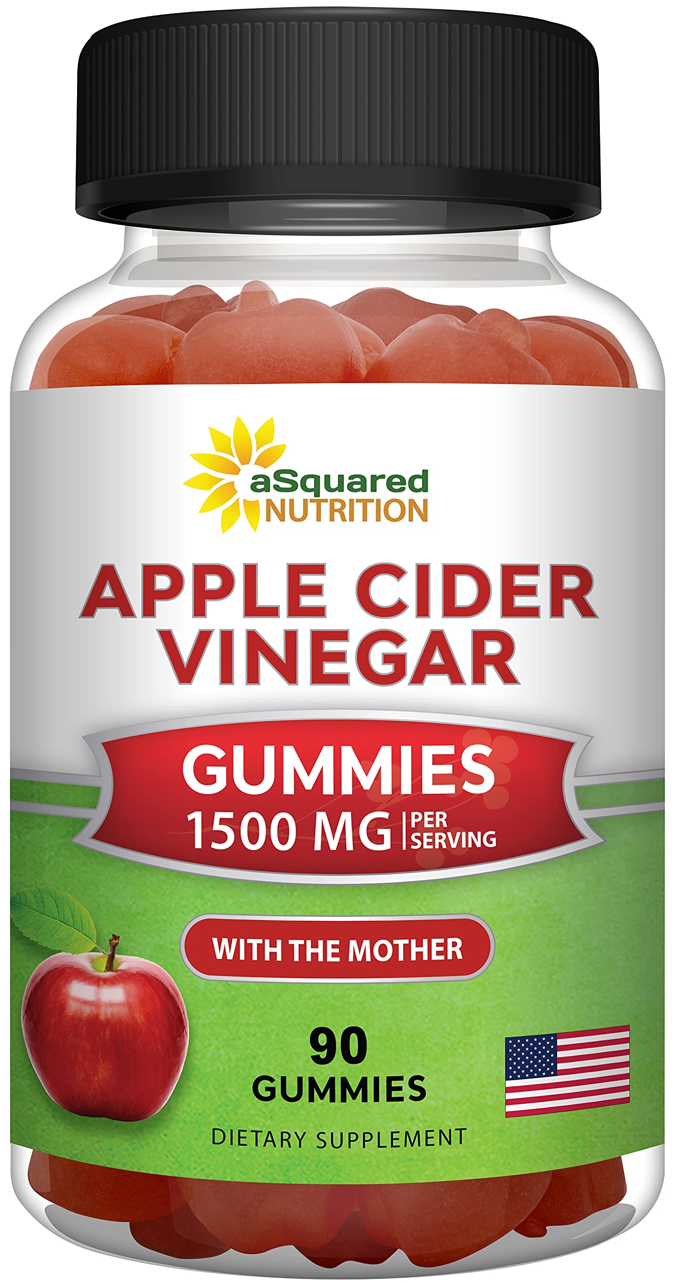 aSquared Nutrition Apple Cider Vinegar Gummies - 1500mg with The Mother - 90 ACV Gummies w/Vitamin B6 & B12, Folic Acid - Vegan Gummy Supplement Alternative to Capsules Pills & Drink