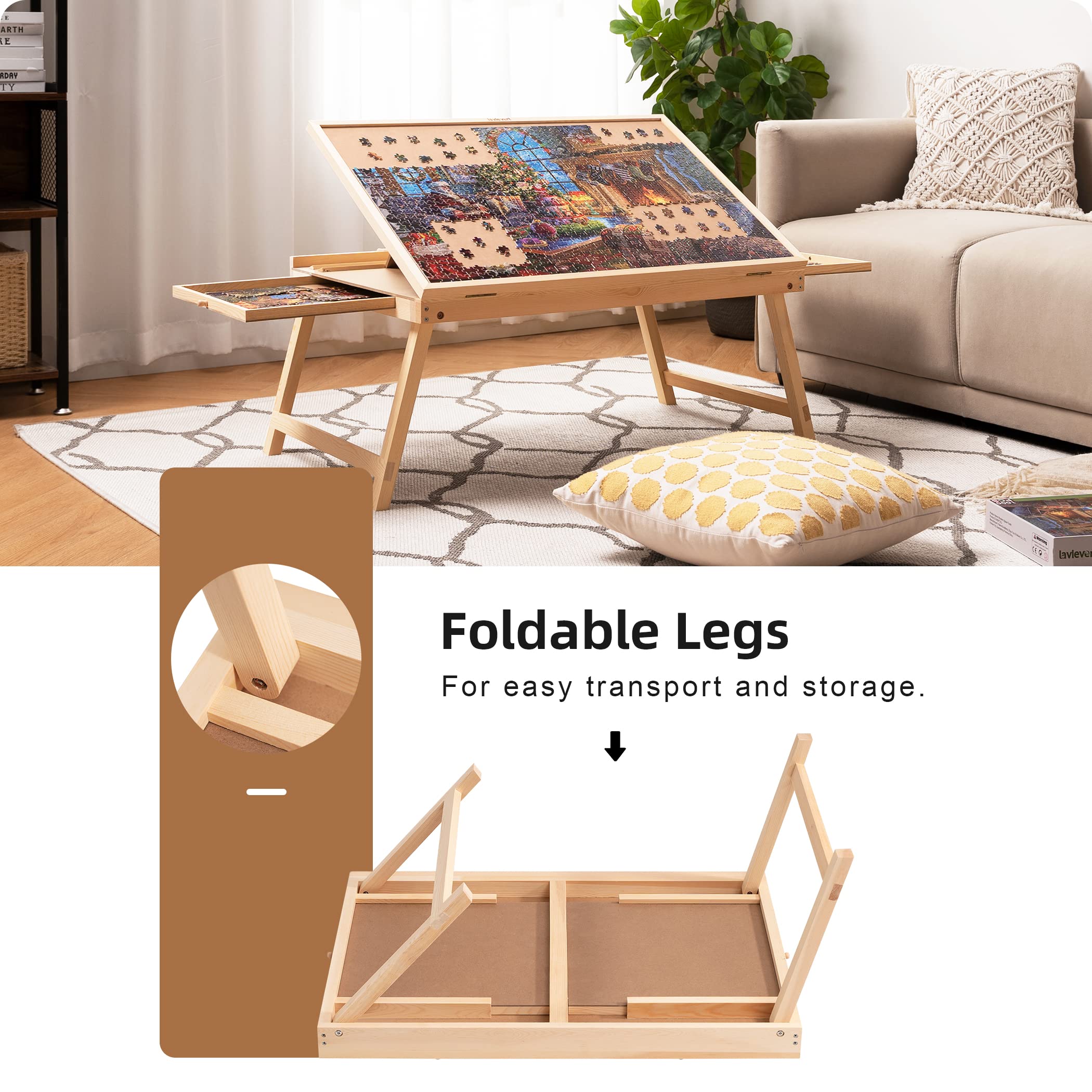 Lavievert Tilting Puzzle Table with 2 Drawers, Adjustable Jigsaw Puzzle Board for Adults & Kids, Portable Wooden Puzzle Plateau with Folding Legs & Non-Slip Tabletop for Up to 1000 Pieces