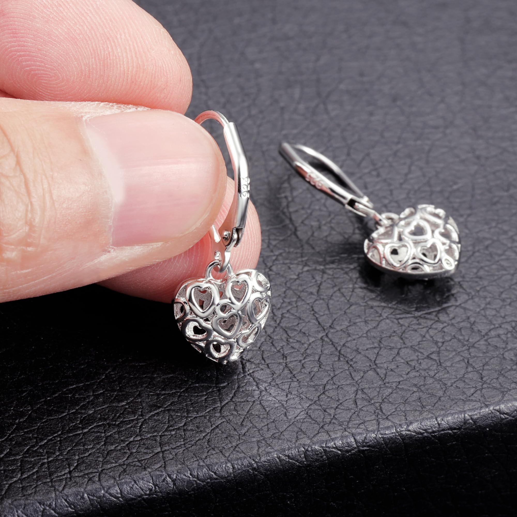 LANCHARMED 925 Sterling Silver Heart Dangle Drop Earrings for Women Girls, Trendy French Style Silver Leverback Earrings, Hypoallergenic Jewelry Gift