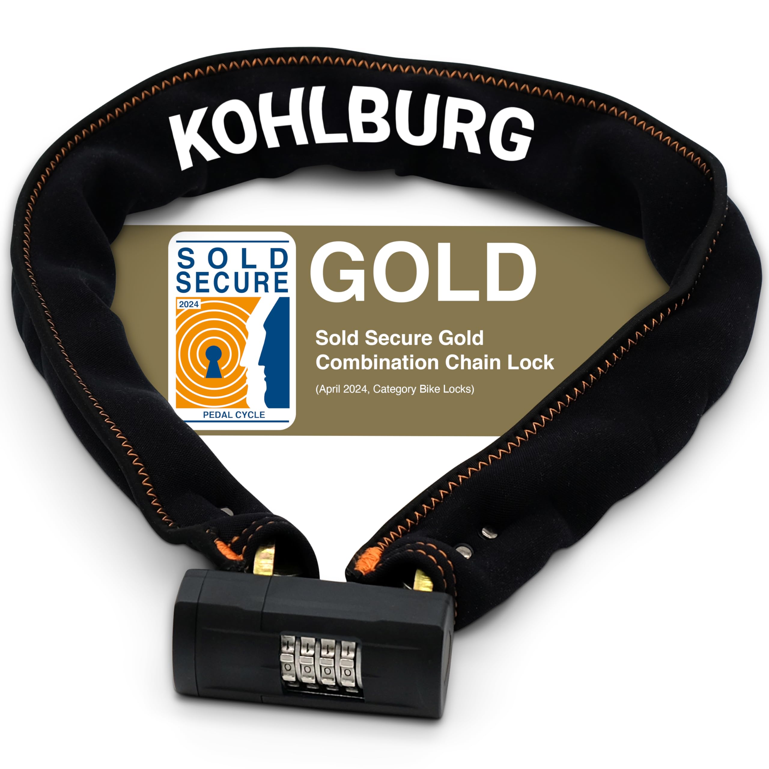 KOHLBURG Heavy Duty Combination Bike Lock [Sold Secure Gold] 43" Long with Maximum Security – Anti Theft Bike Chain Lock with Numeric Code & 8mm Hardened Steel for Bicycle, Ebike, & Motorcycle