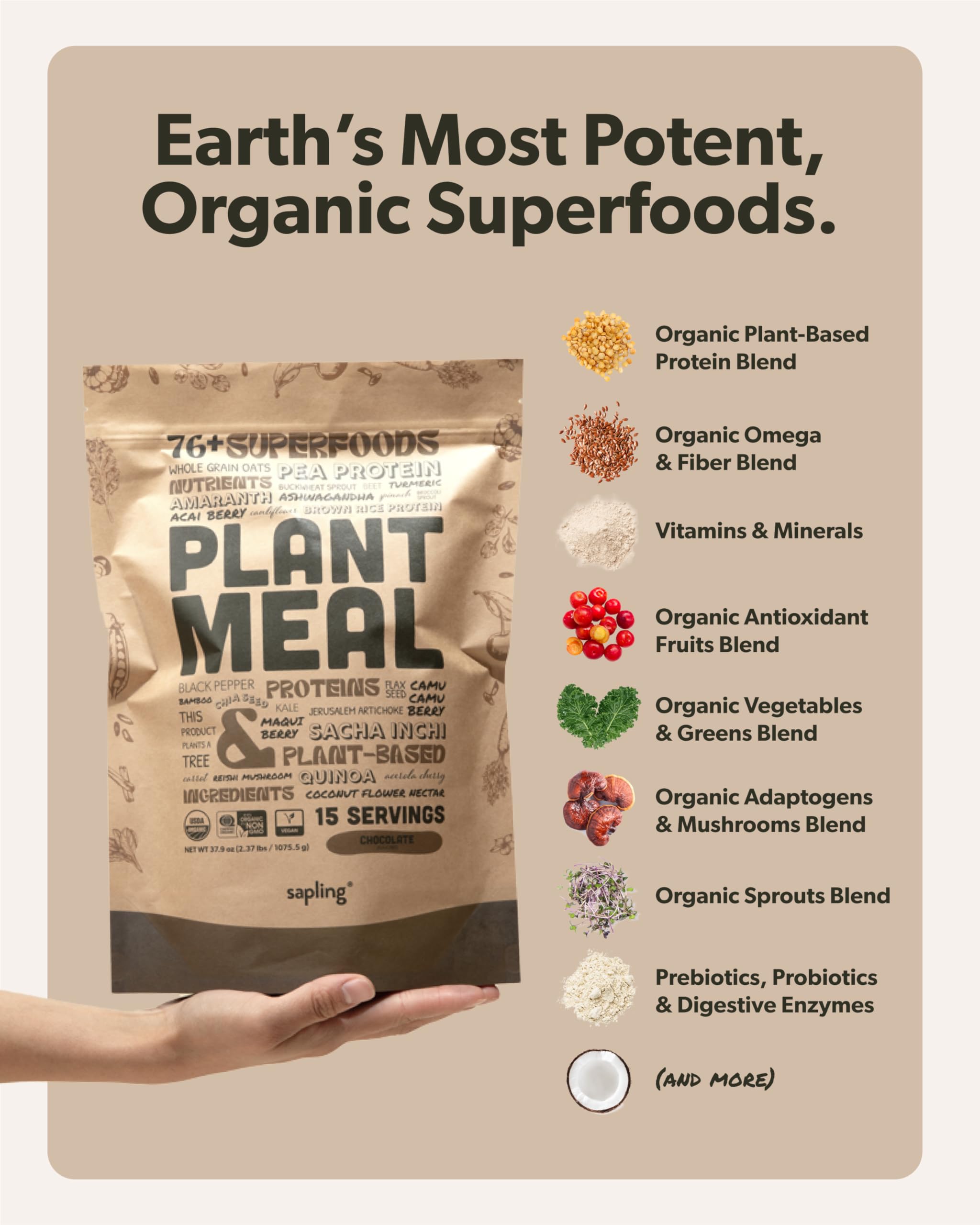 Plant Meal Replacement Shake - Chocolate - 25g of Plant Based Vegan Protein Powder, 76+ Organic Superfoods, Vitamins & Minerals, Mushrooms, Super Greens, Digestive Enzymes & Probiotics - 15 Servings