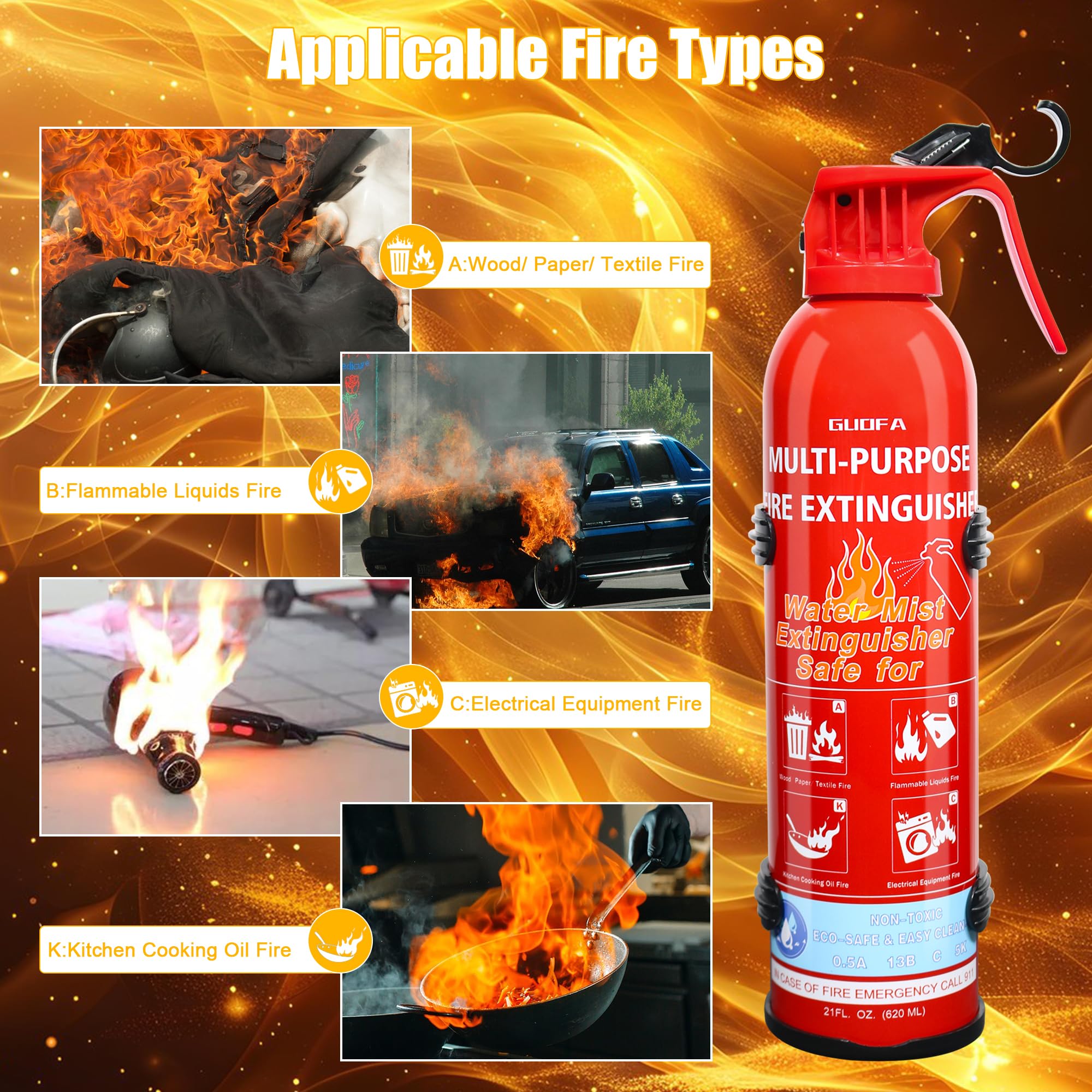 Fire Extinguisher for Home, 6 Pack Vehicle Fire Extinguishers with Mount, Portable Fire Extinguisher Effective on A, B, C, K Fires, Water-Based Extinguisher for Car Boat Office Truck Kitchen Garage