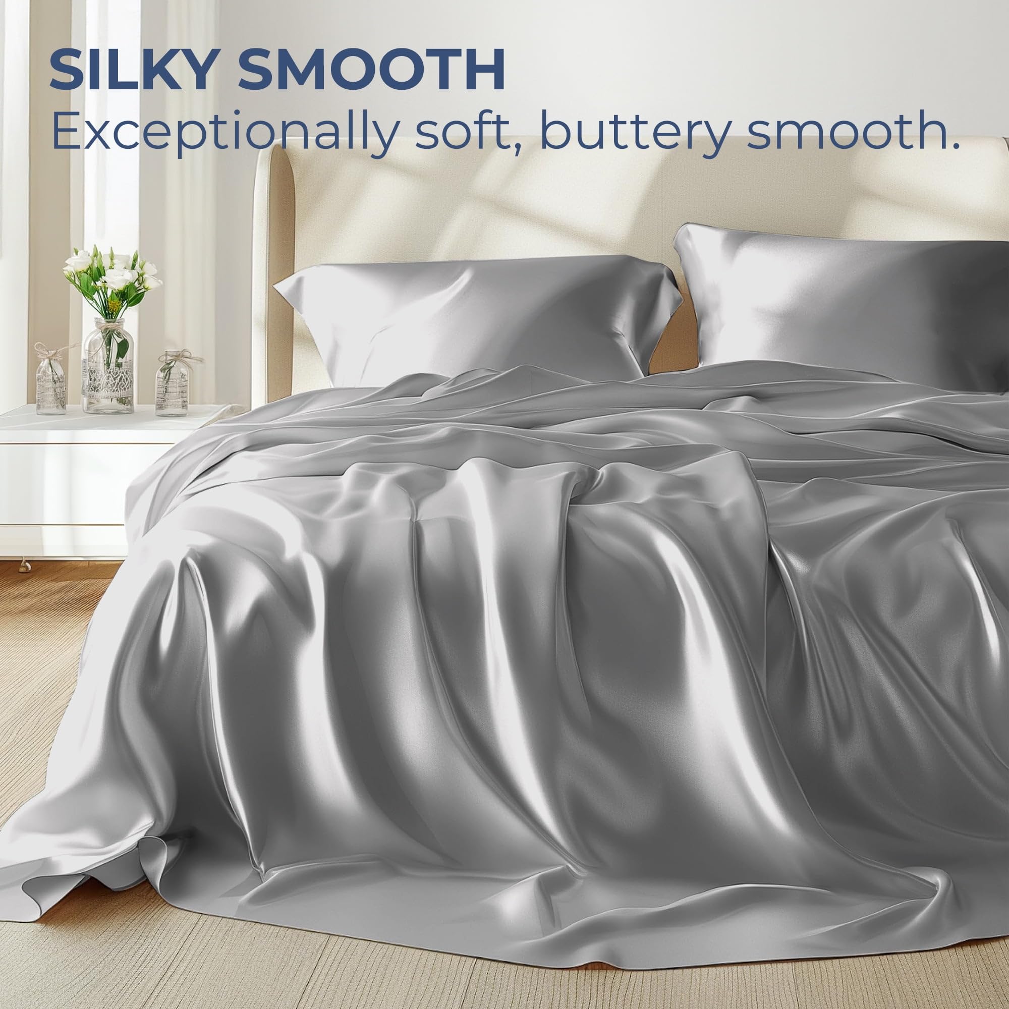 Seasonwood Satin King Size Sheets Set Gray Soft 1800 Microfiber Sheet 4 Pieces 2 Pillowcase 20"x40"