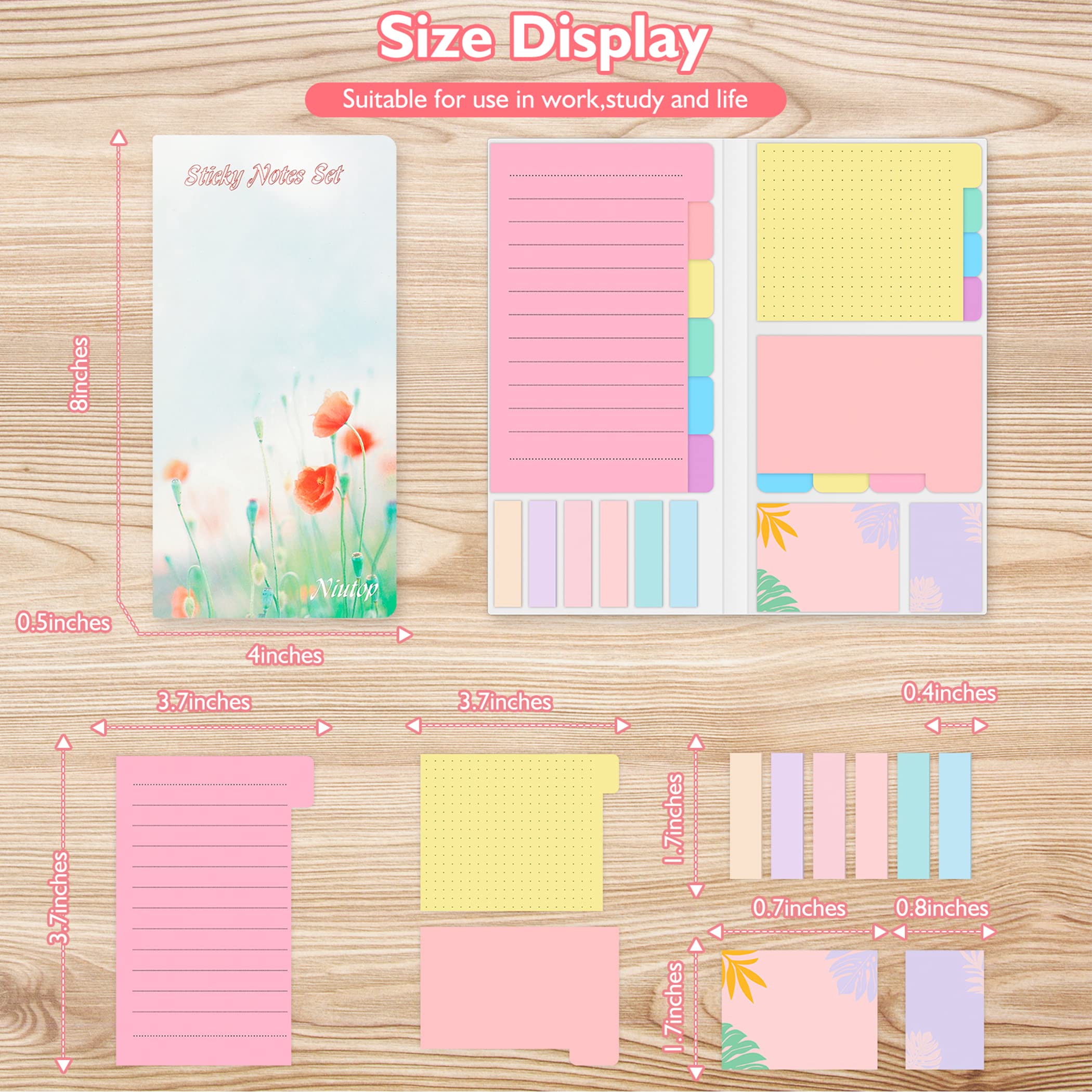 Sticky Notes Set, Post Self-Stick Notes Pads for Journaling Notebook Planner Study, Office Supplies College Essentials Back to School Supplies for High School Students Teen Girl Gifts Preppy