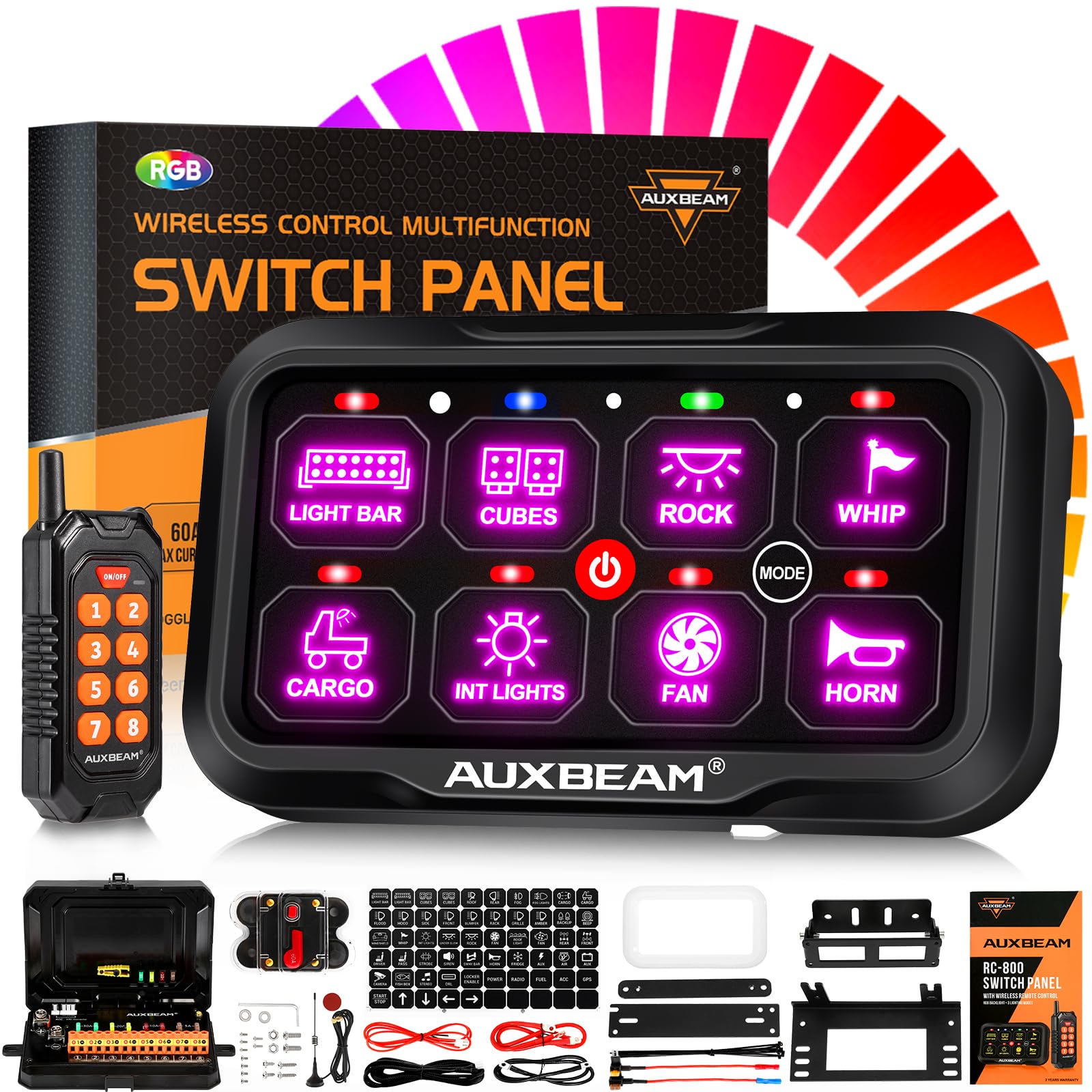 Auxbeam 8 Gang Switch Panel RC-800 RGB Wireless Remote Control Range Up to 165FT Multifunction Switch Pod 3 lighting modes with Backlit Off and Auto Dimmable for RV Offroad Waterproof 2 Years Warranty