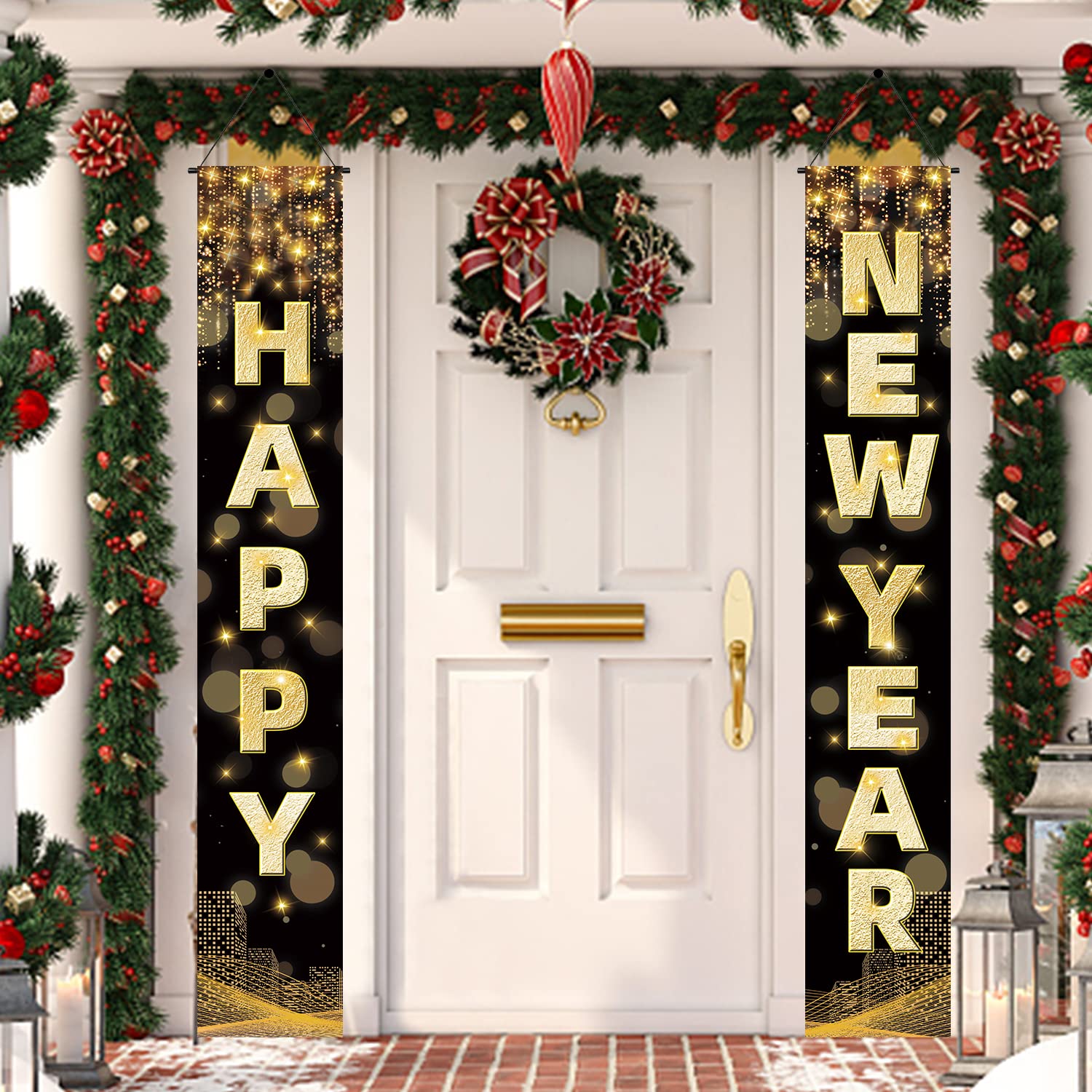 Labeol Happy New Year Banner, 72 x 12 Inch Large New Year Front Door Porch Sign Hanging Banner Decorations New Years Eve Party Supplies 2025, Happy New Year Decorations for Outdoor Indoor Home Wall