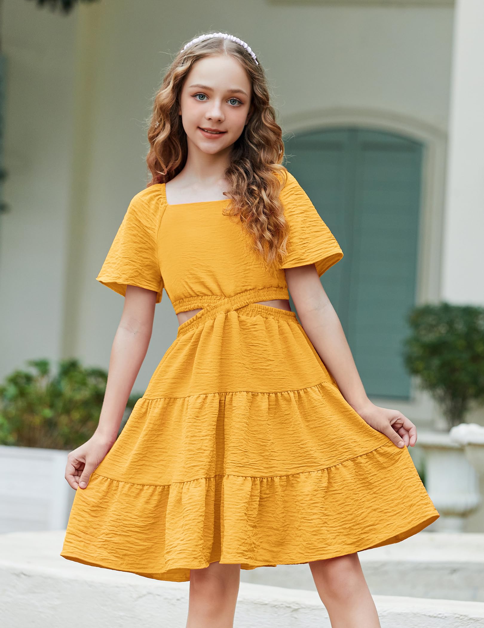 Arshiner Girls Dresses Off Shoulder Cut Out Shirred Tiered Vacation Yellow Spring Dress 13-14