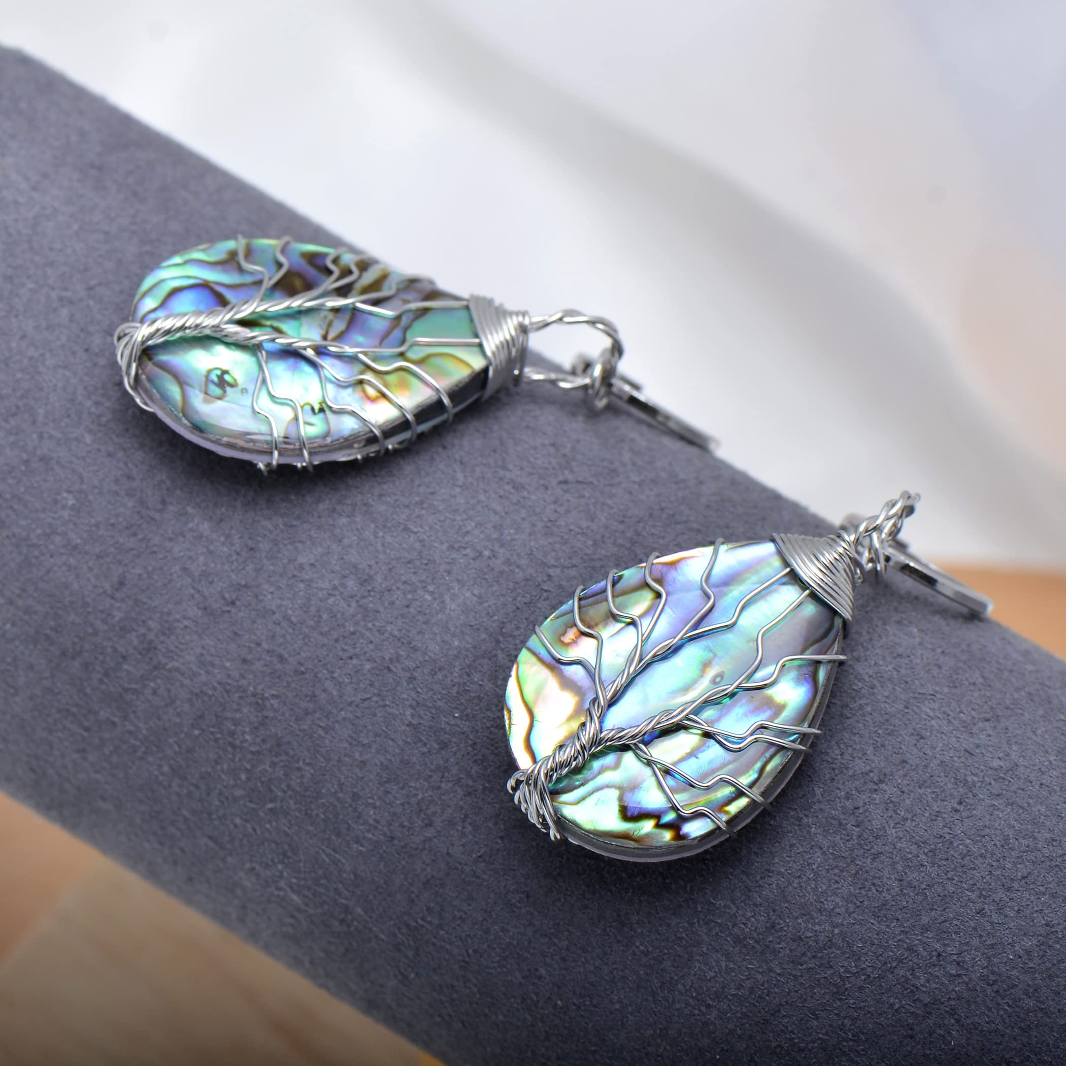 Sterling Silver Earrings Hooks Teardrop Abalone Shell Wrapped Tree of Life Earrings for Women, White Gold Tone