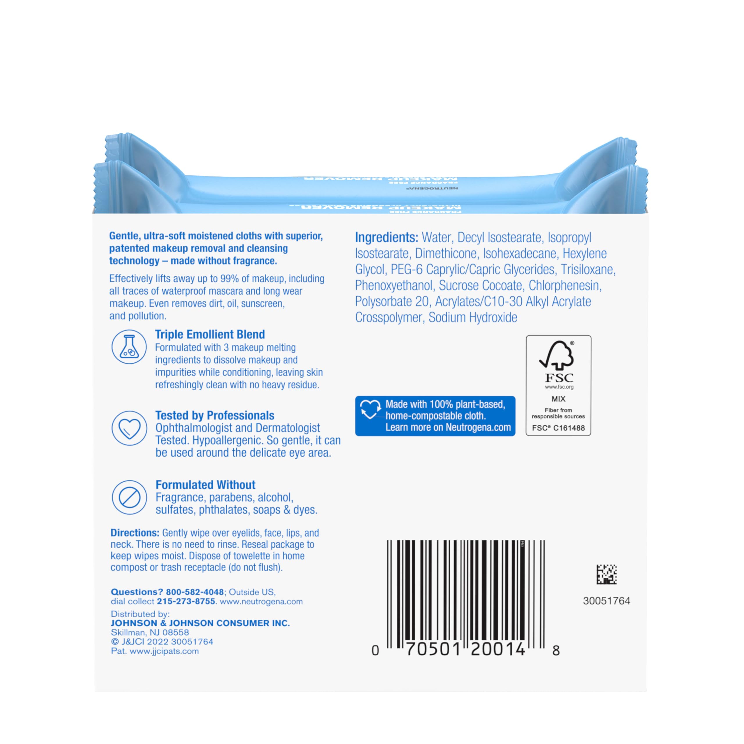 Neutrogena Cleansing Fragrance Free Makeup Remover Face Wipes, Cleansing Facial Towelettes for Waterproof Makeup, Alcohol-Free, Unscented, 100% Plant-Based Fibers, Twin Pack, 2 x 25 ct