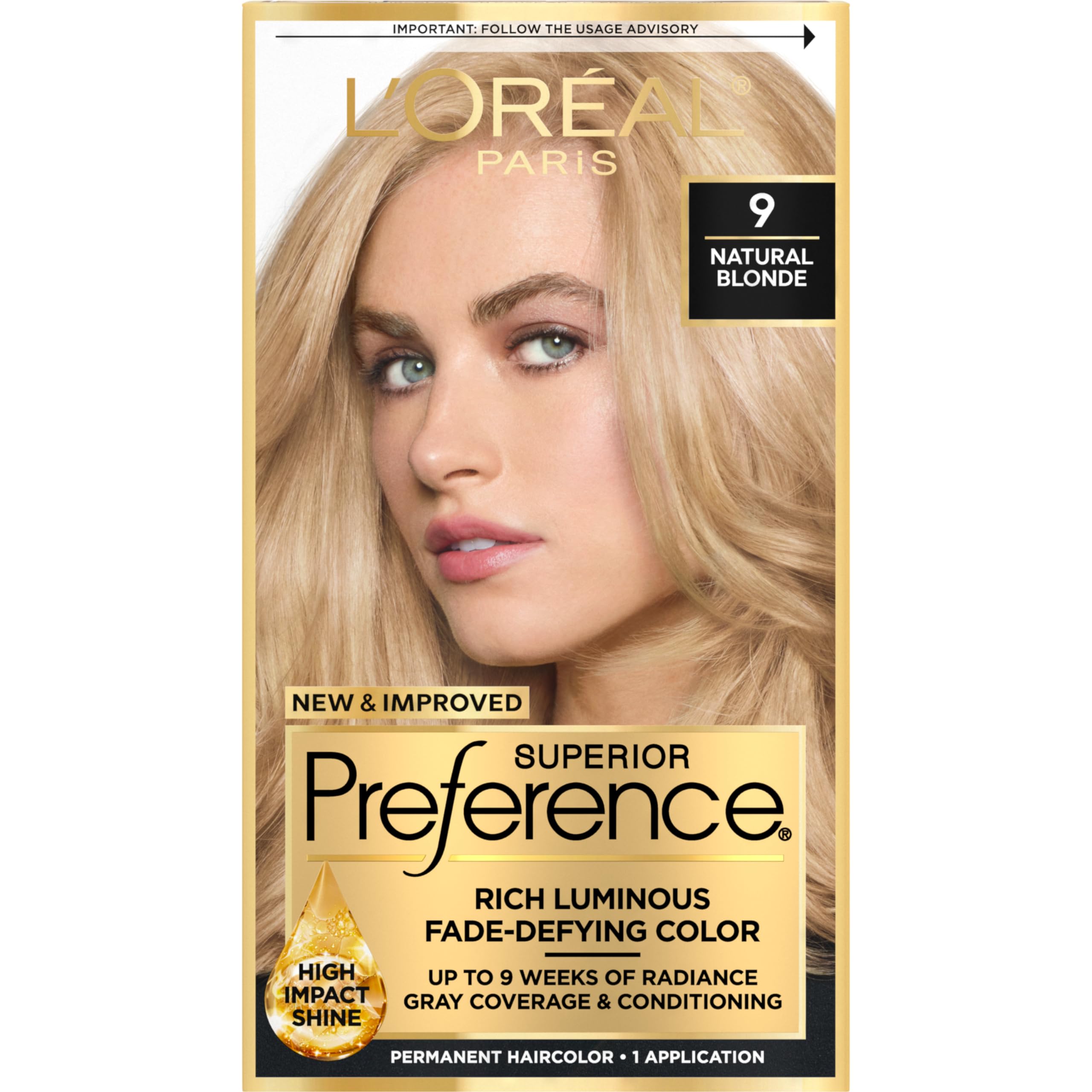 L'Oreal Paris Superior Preference Fade-Defying + Shine Permanent Hair Color, 9 Natural Blonde, Pack of 1, Hair Dye