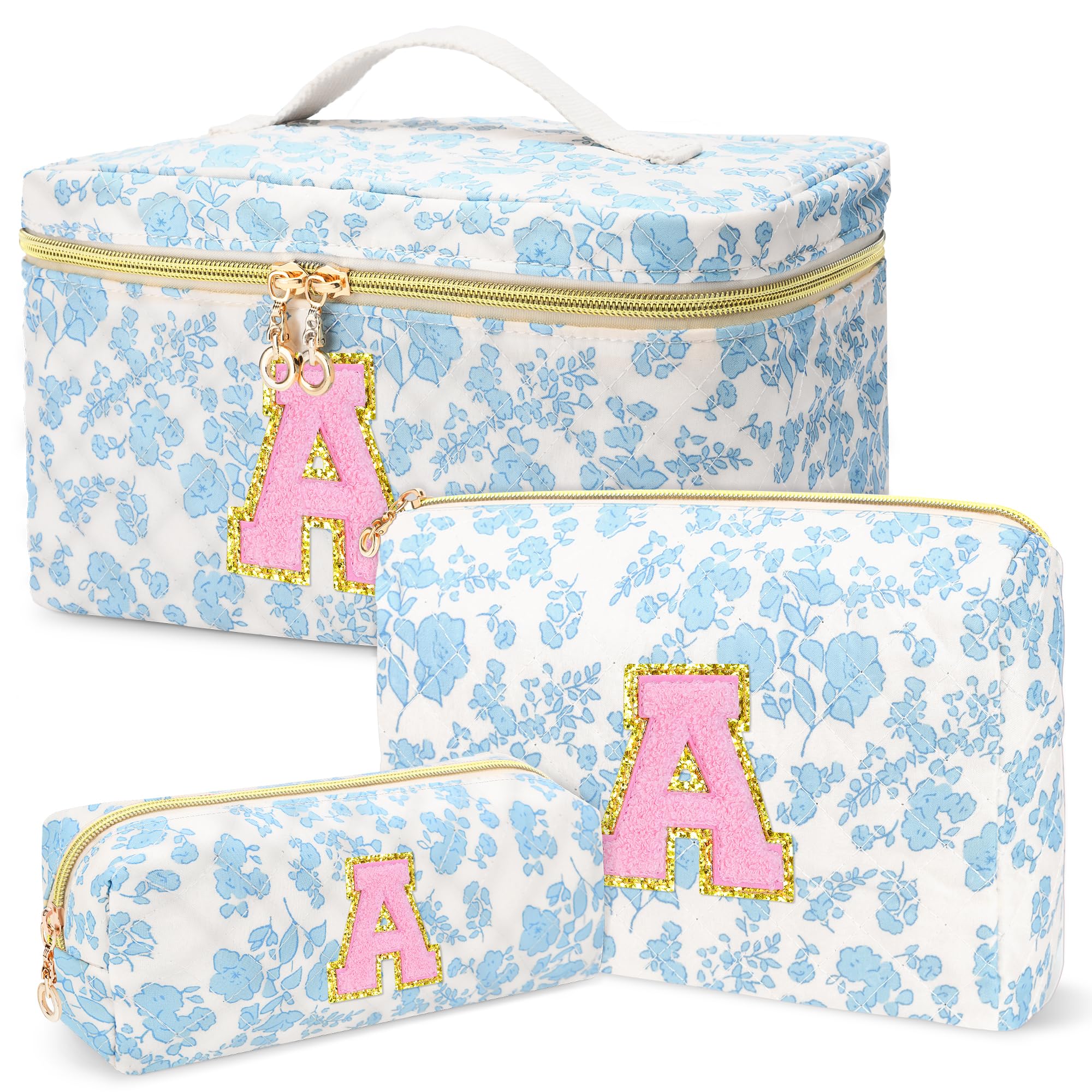 DOSUKE 3 PCS Travel Makeup Bag Set, A-Z Initials Cotton Make up Bag Floral Quilted Cosmetic Bag for Girls and Women, Personalized Cute Toiletry Bag Travel Accessories Brushes Bag Blue - A