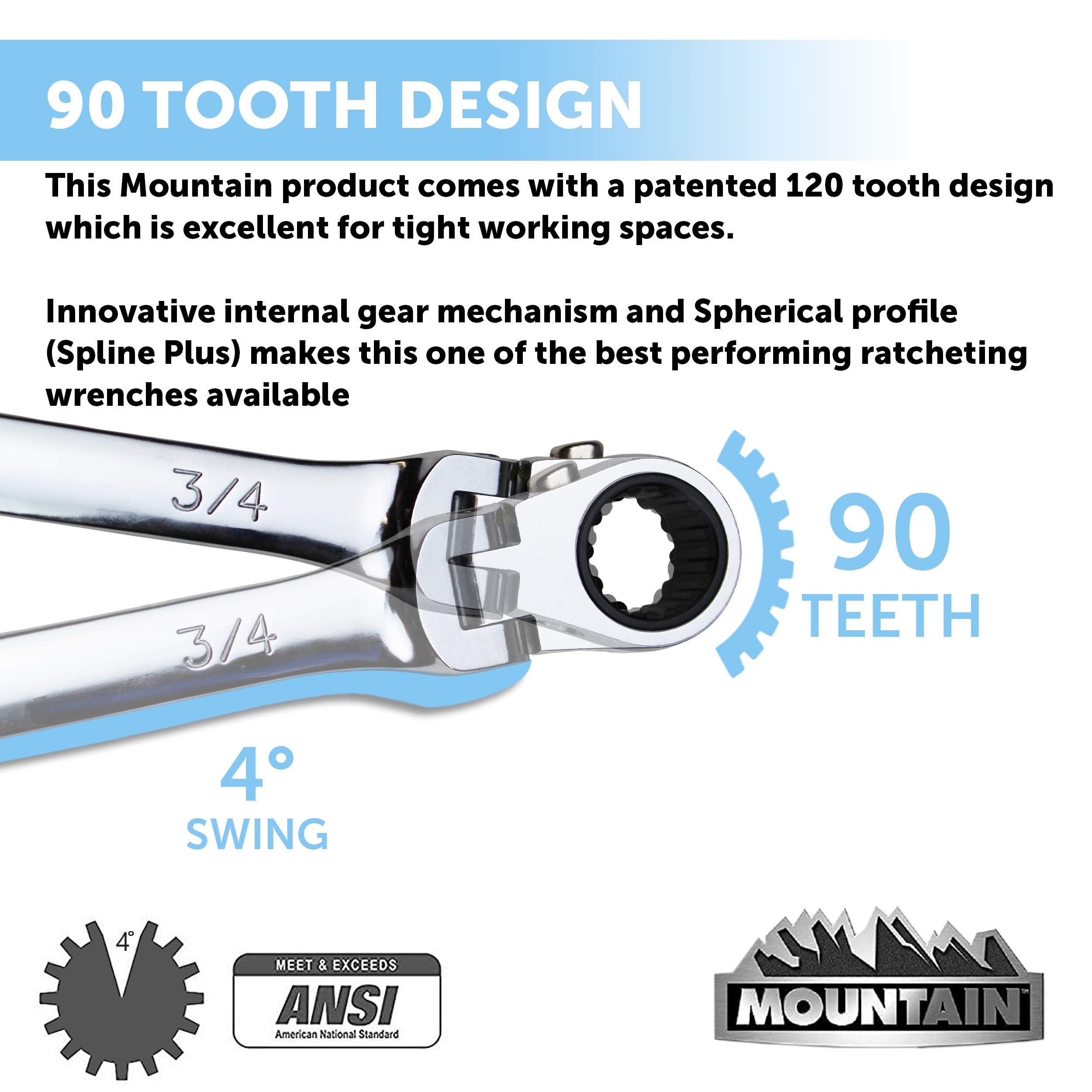 Mountain RF7 SAE Reversible Double Raised Box Ratcheting Wrench Set, Universal Spline, 90 Tooth Design, 180 Degree Rotating Head, Sizes 5/16", 3/8", 7/16", 1/2", 9/16" 5/8", 11/16", 3/4", 4-Piece