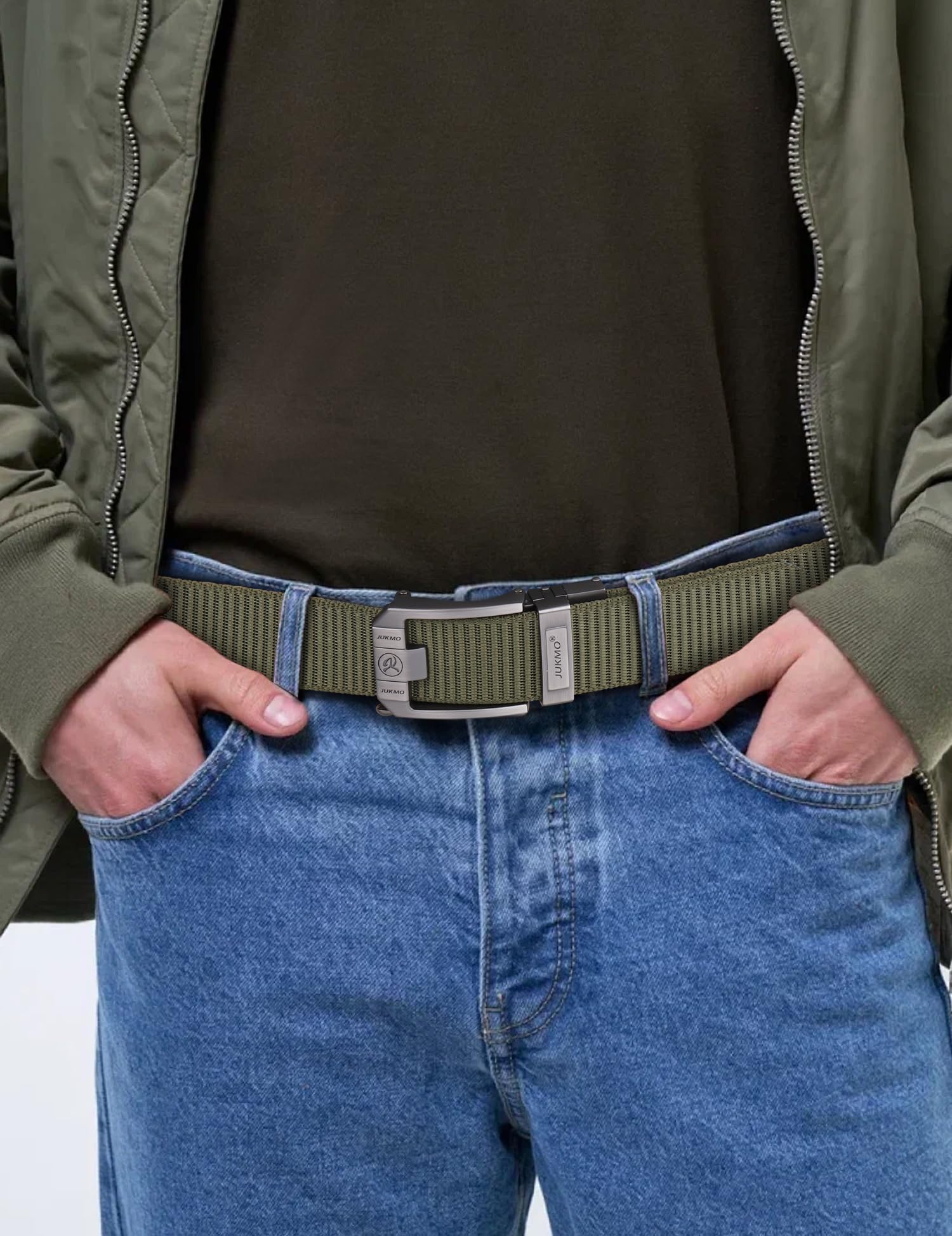 JUKMO Reversible Ratchet Belt, Nylon Web Tactical Work Belt with Automatic Slide Buckle (Green/Black, Medium-for Waist 38"-42" (Length 49"))