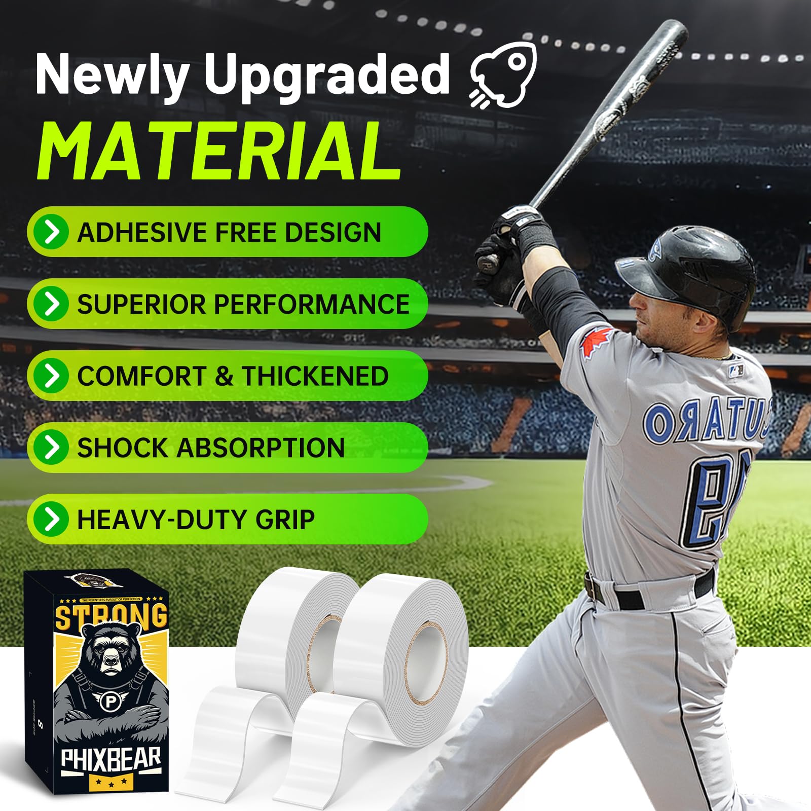 PHIXBEAR Baseball Bat Grip Tape White, 1.1mm Thick, Silicone Material Bat Tape, 2 Rolls for Softball and Golf Clubs 1 x 78.75