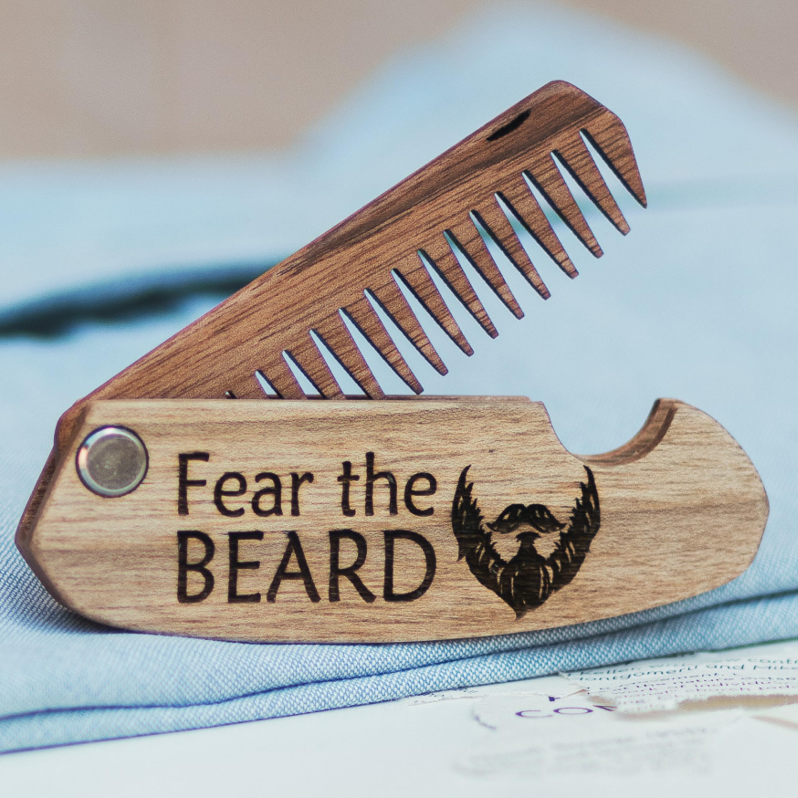 Beard Comb Gifts for Him Wooden Comb for Men Folding Pocket Comb for Moustache Beard Hair Walnut Combs Husband Anniversary Gift with the Engraving (Fear The Beard) (Model FTB)