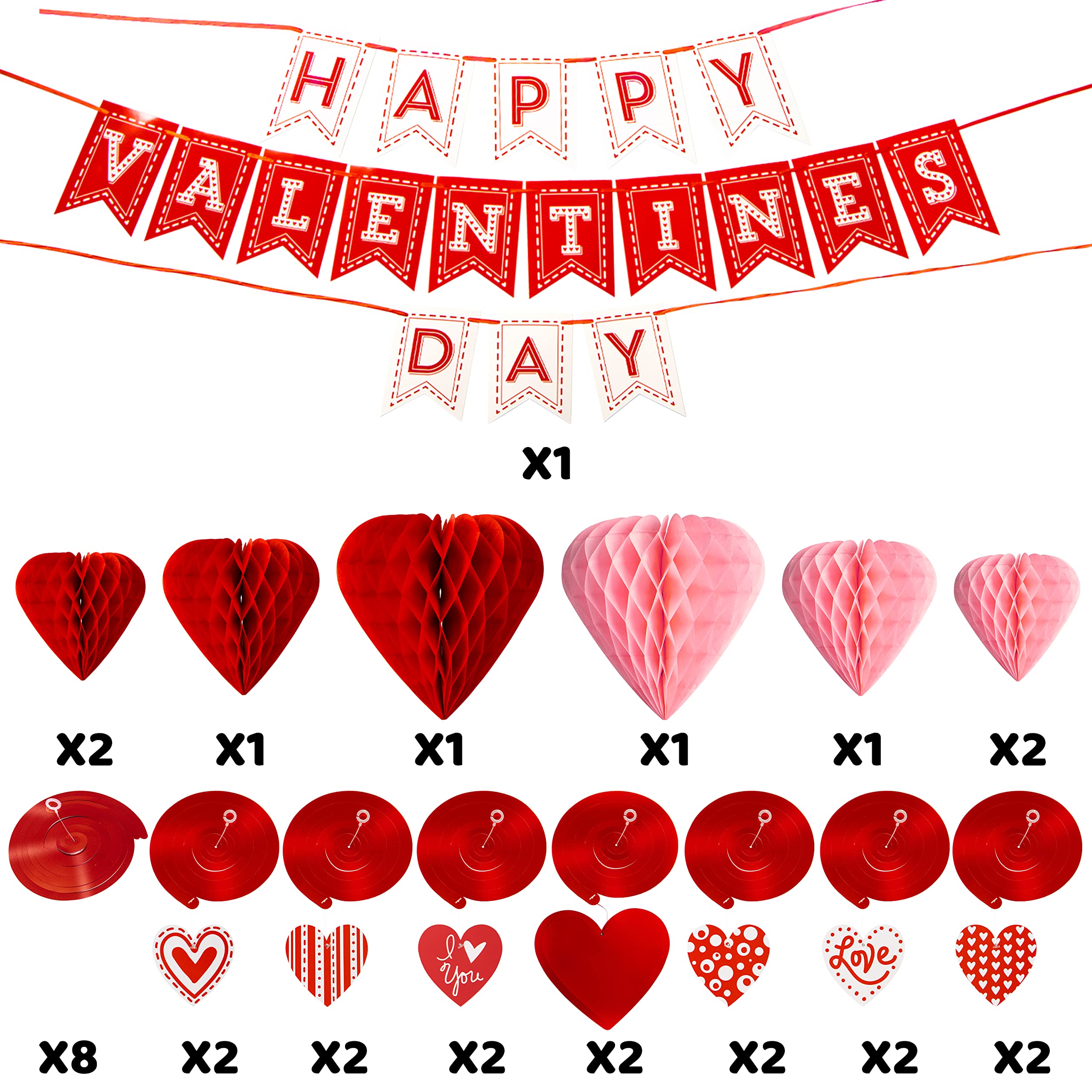 JOYIN 31 Pcs Valentines Day Decoration Kit with 1 Happy Valentine's Day Banner, 8 Foil Swirls, 14 Hanging Swirls with Heart Pendant, 8 Hanging Red Pink Heart Honeycombs, Valentine Party Supplies