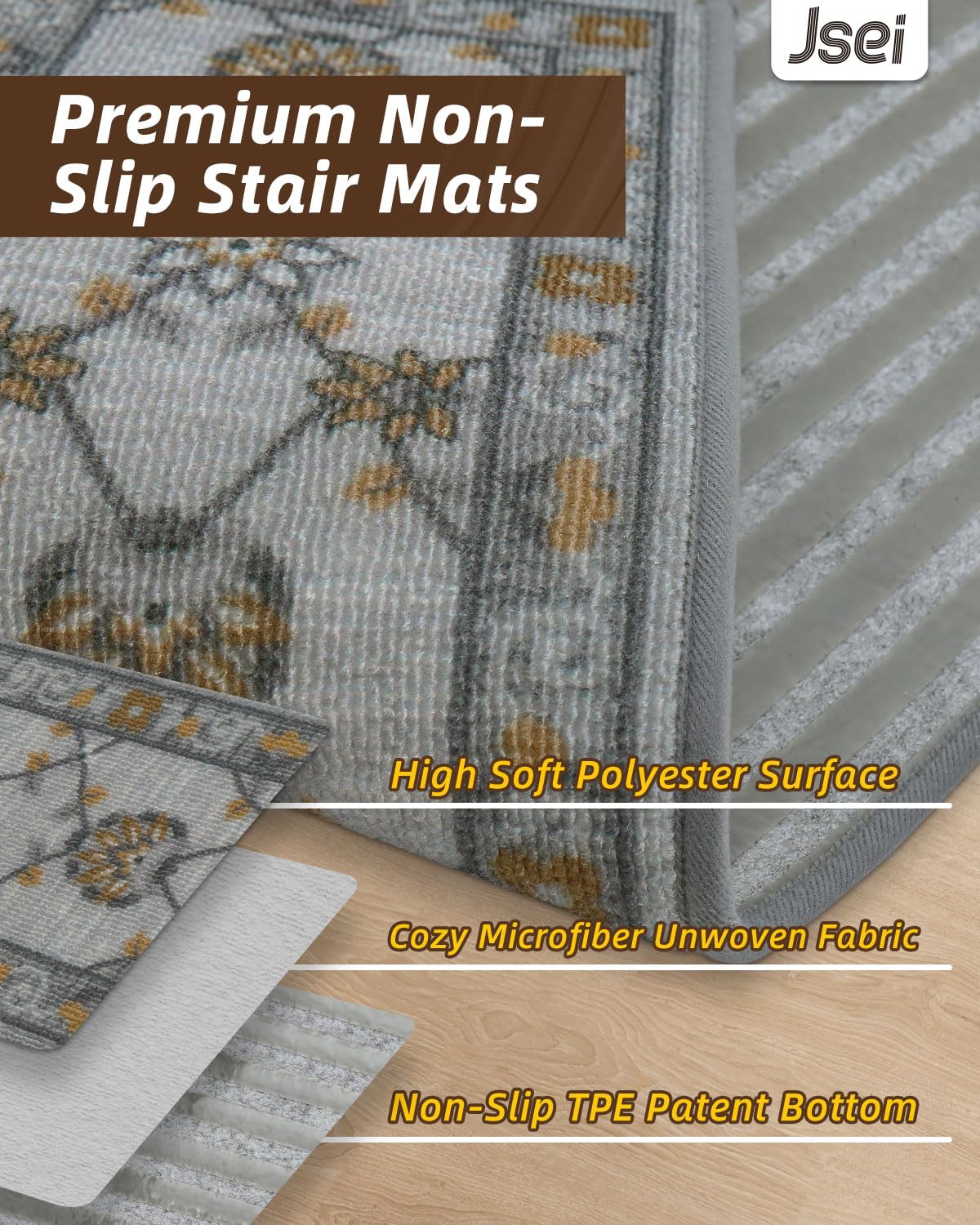 JSEI Stair Treads for Wooden Steps, 15 Pack 8" X 30" Non-Slip Machine Washable Carpet Stair Treads with TPE Backing, Soft Indoor Stair Rug Runner for Kids Elders & Pets, 100% Polyester, Grey/Orange
