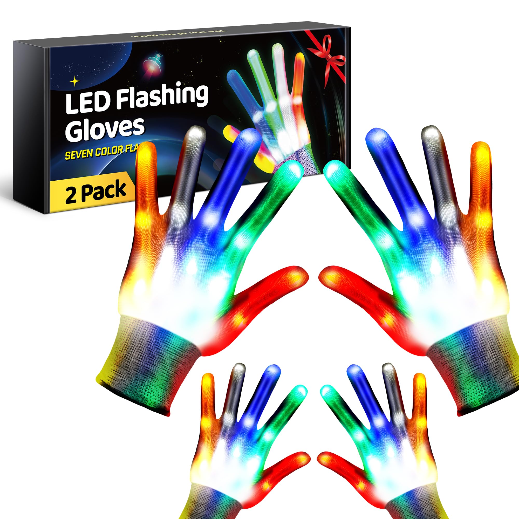 2 Pair LED Gloves Light Up Gloves for Kids with 6 Flash Modes, Gifts for 3 4 5 6 7 8 9 10 11 12 Year Old Boys Girls for Birthdays Party Halloween Christmas Toys for 3-12 Year Old Boys Girls S