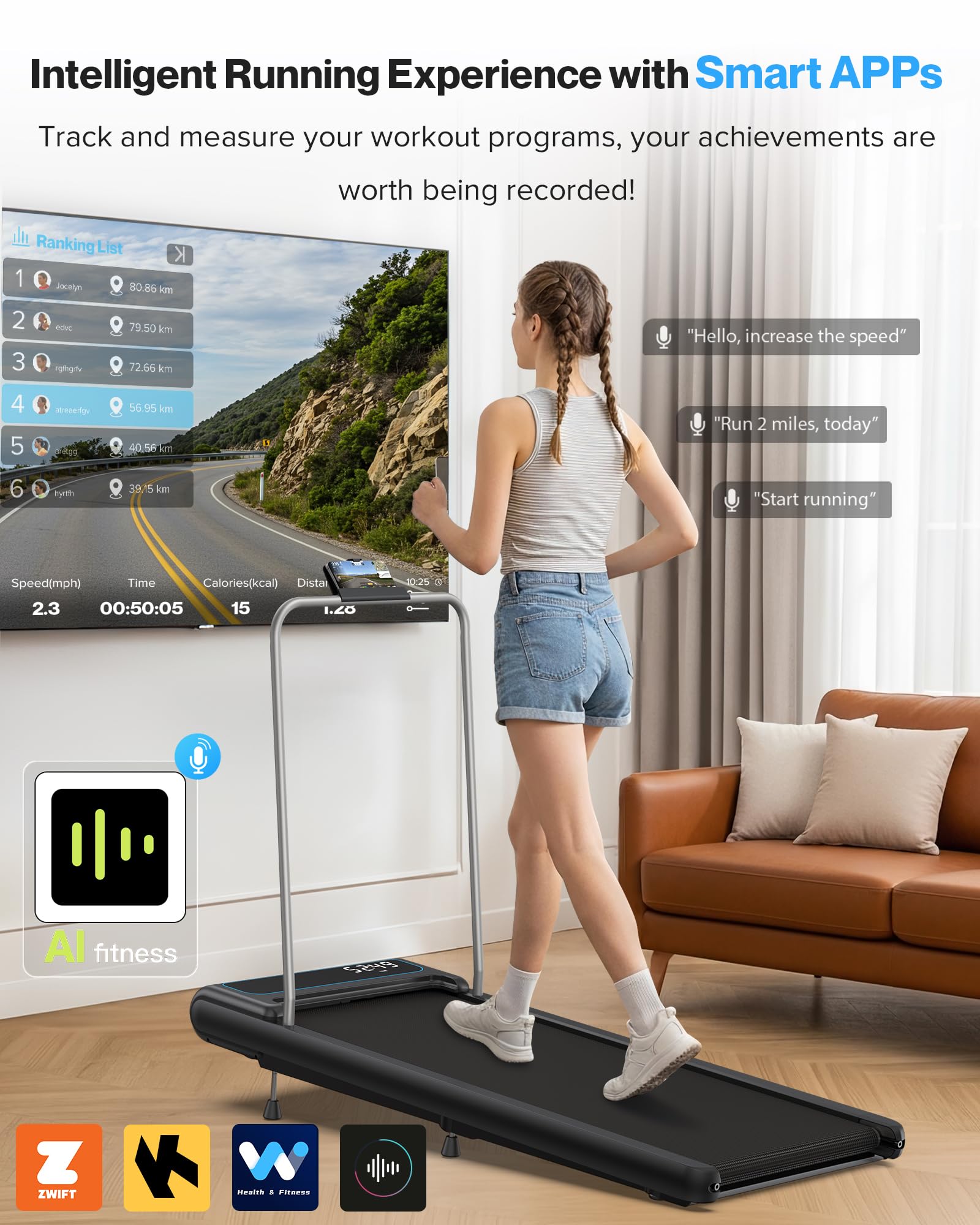 10% Incline Under Desk Walking Pad, 2.5HP 5MPH Treadmill with Removable Handle, Lightweight Treadmills for Home Office Small Apartment, Works with Apps & Mute Remote Control, No Installation