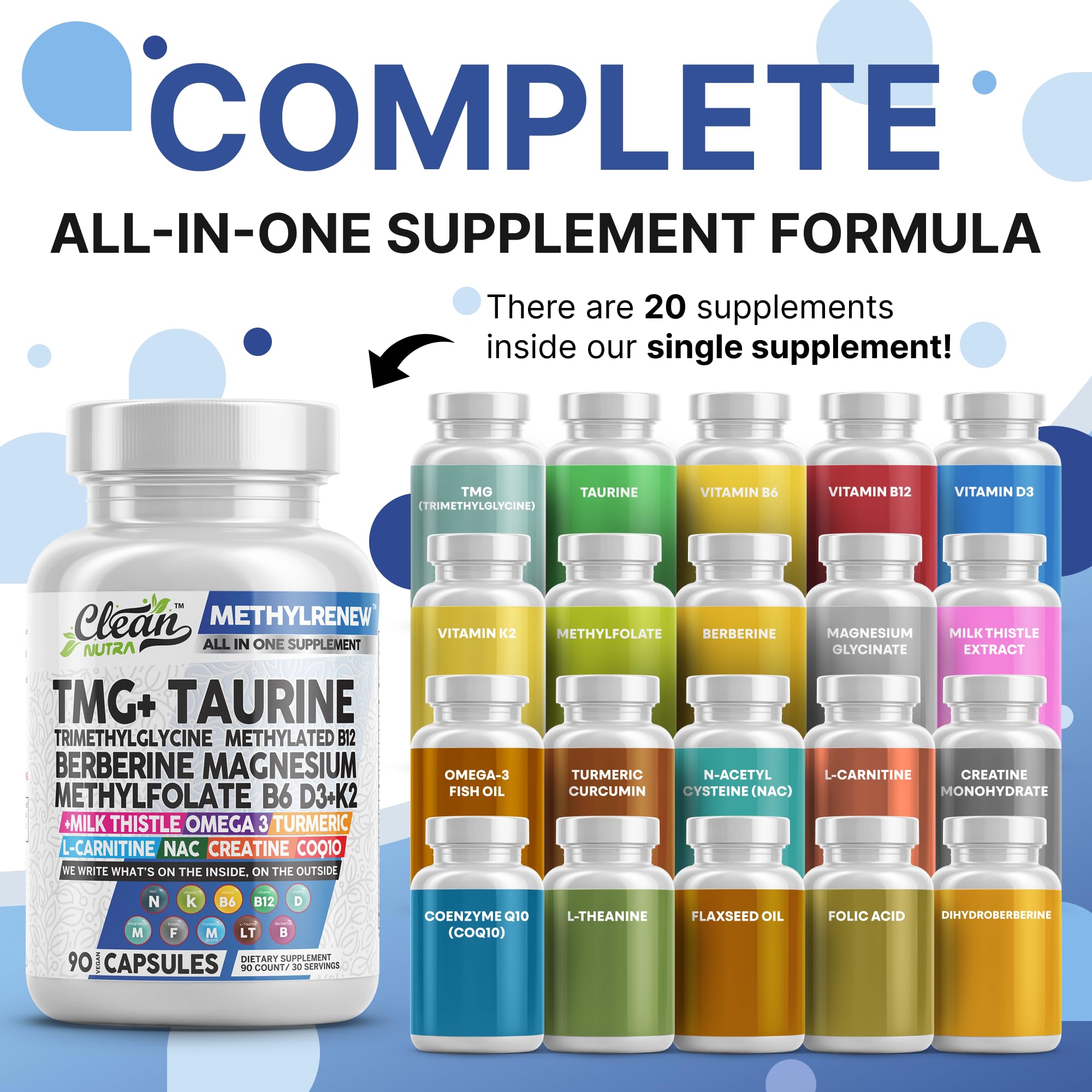 Clean Nutra TMG Supplements 1000mg | Methylated Multivitamin for Women Men | Taurine B6 Vitamins B12 D3 K2 Trimethylglycine Magnesium Methylfolate Milk Thistle NAC COQ10 B Supplement Complex Capsules