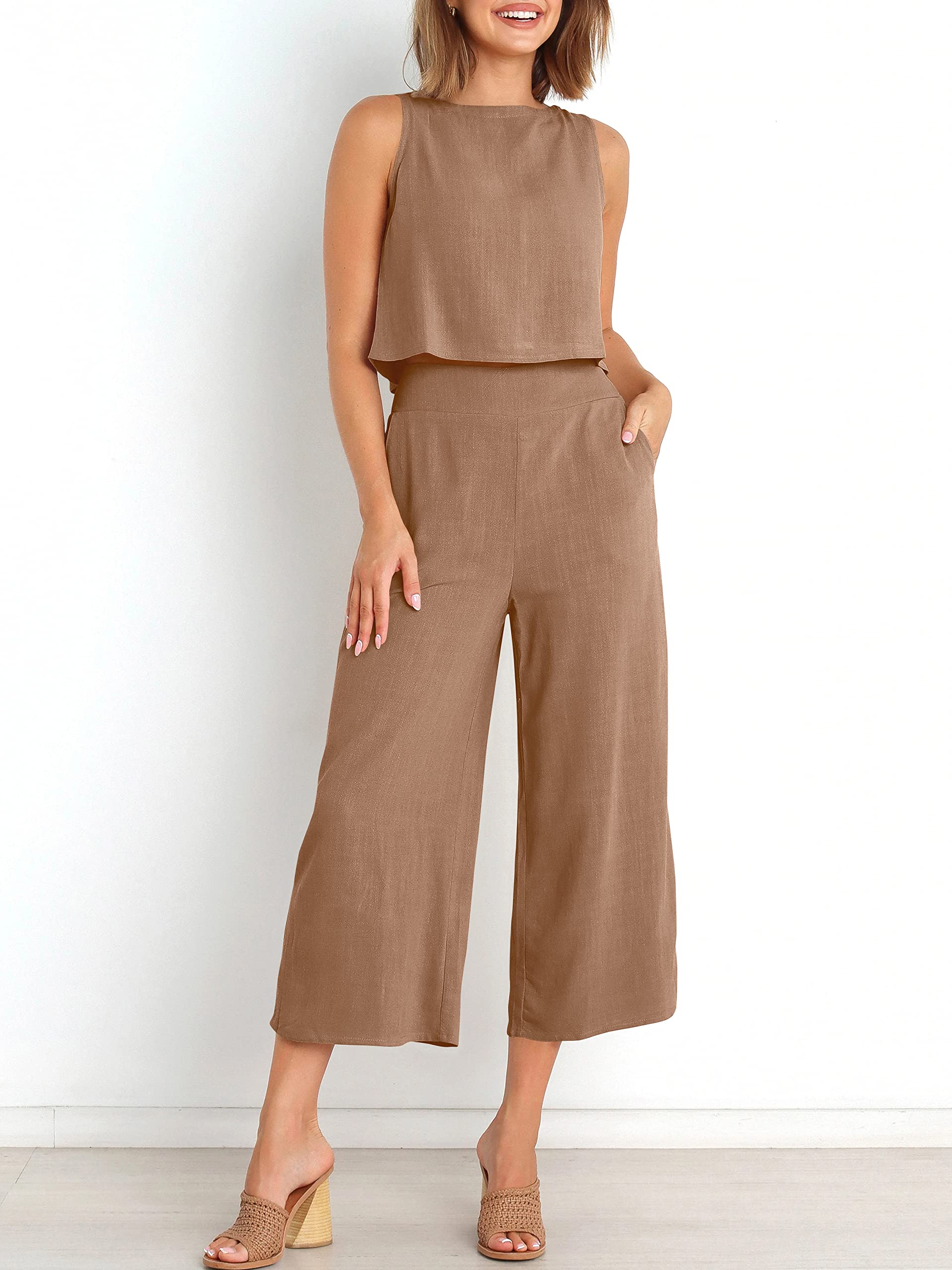 ANRABESS Women's Summer 2 Piece Outfits Sleeveless Crop Top Capri Wide Leg Pants Jumpsuit Casual Linen Lounge Matching Sets Beach Travel 2024 Trendy Clothes Light Brown Medium