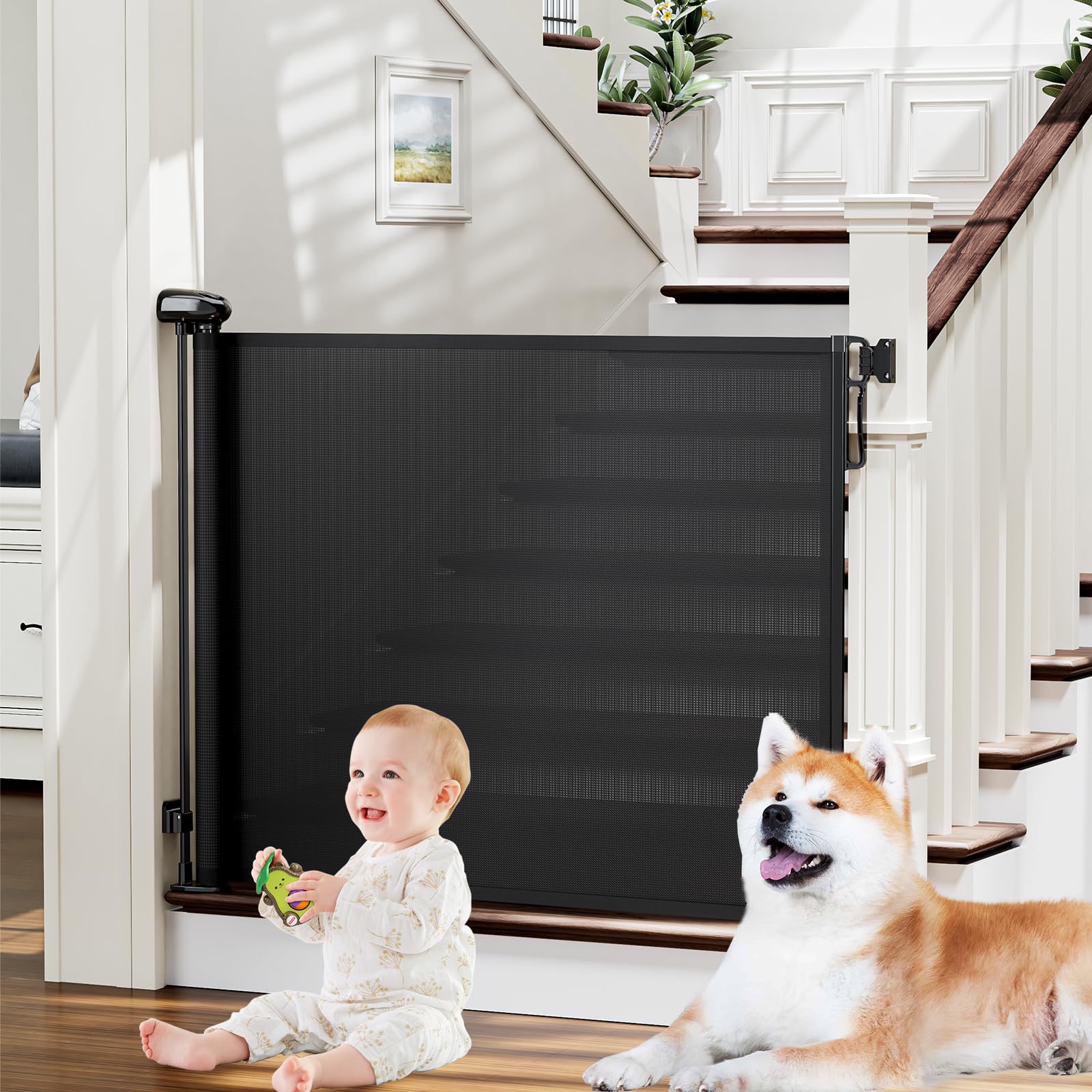 Retractable Baby Gates for Stairs, PRObebi Retractable Dog Gate Indoor Extends to 54" Wide 34" Tall, Child Gates for Doorways, Stair Gate Use for Outdoor, Indoor, Hallways, Doorways, Deck, Porch