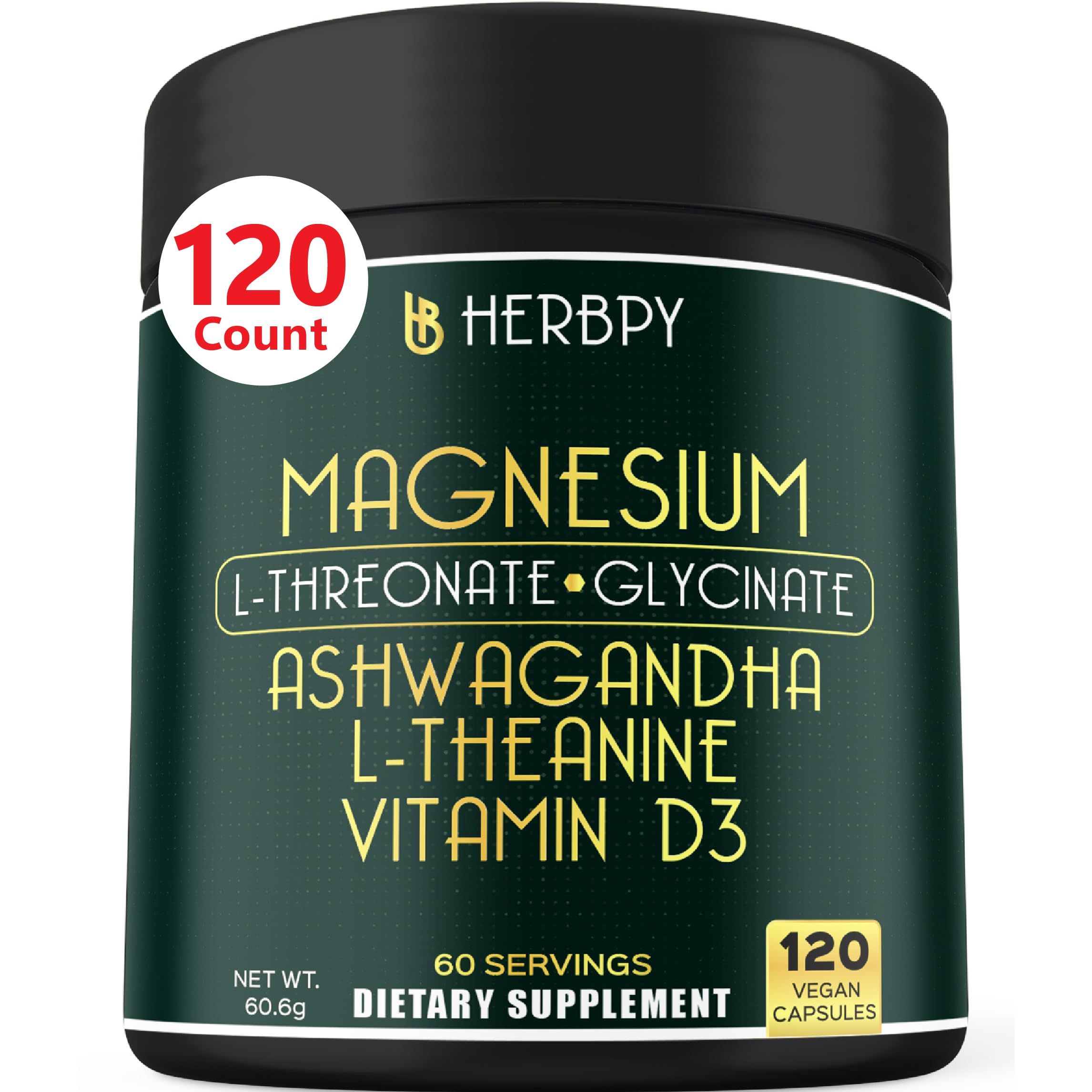 Herbpy Relaxation & Restful Night with Magnesium L-Threonate & Glycinate Supplement, Plus Vitamin D3, Ashwagandha Root & L-Theanine - Brain, Bone & Heart Health Support - 120 Vegan Capsules