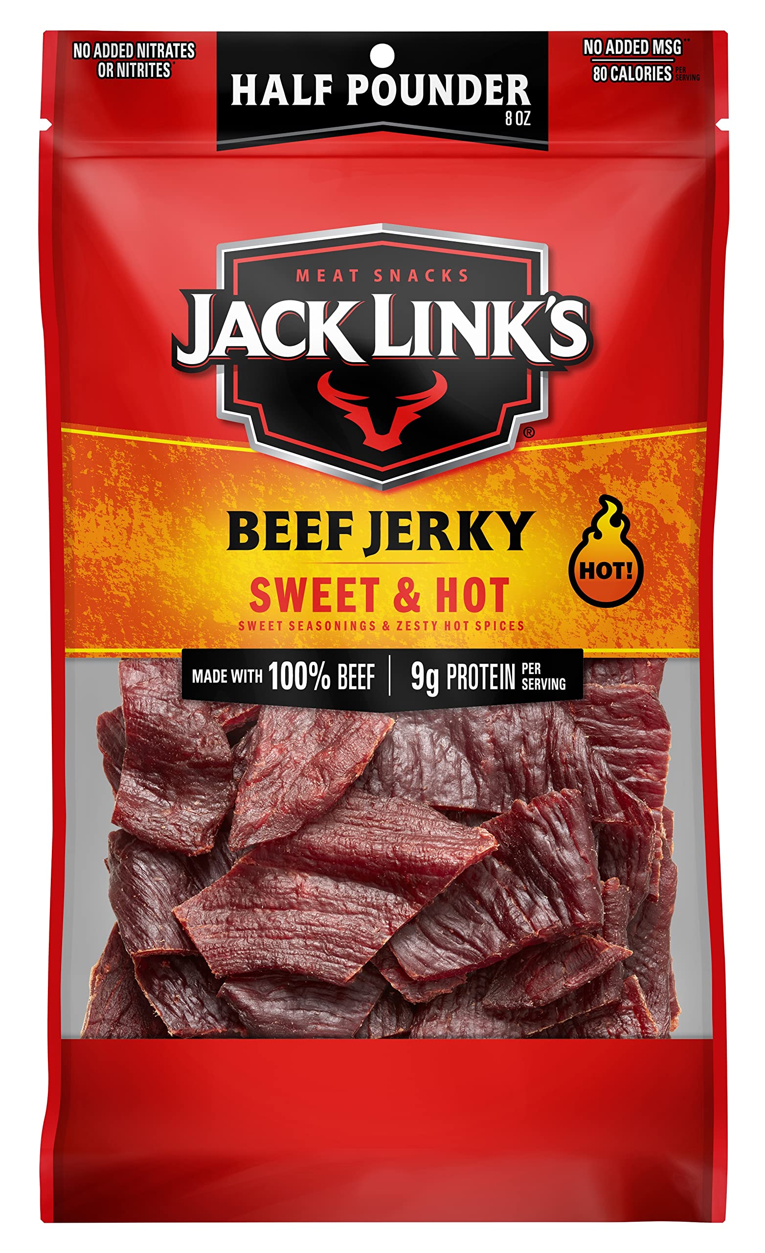 Jack Link's Beef Jerky, Sweet & Hot, ½ Pounder Bag - Flavorful Meat Snack, 9g of Protein and 80 Calories, Made with Premium Beef - 96 Percent Fat Free, No Added MSG or Nitrates/Nitrites