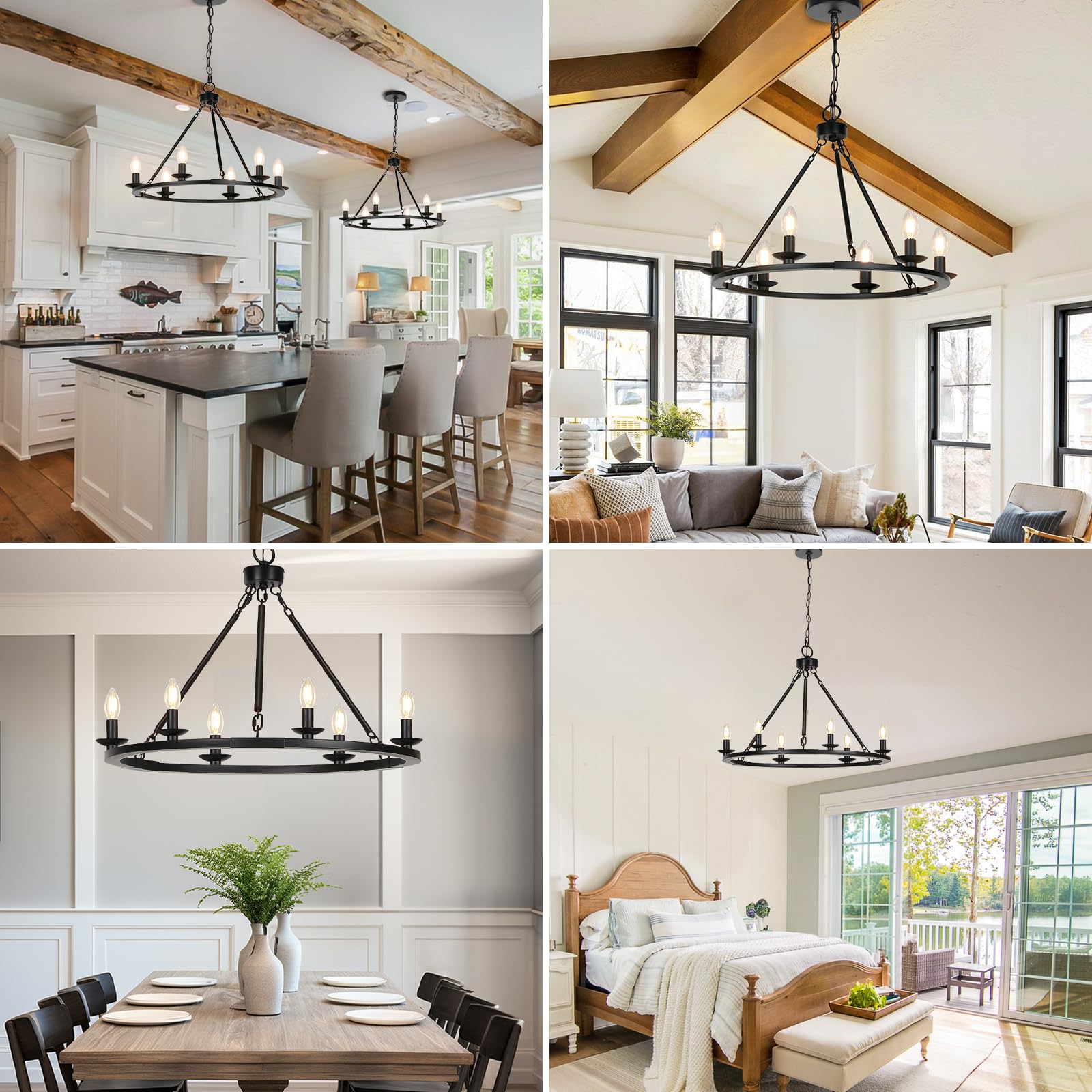 Black Farmhouse Chandelier, 6-Light Wagon Wheel Chandelier with Adjustable Height, Dining Room Light Fixture, Hanging Lights for Kitchen Island, Living Room, Bedroom, Entryway, E12 Base