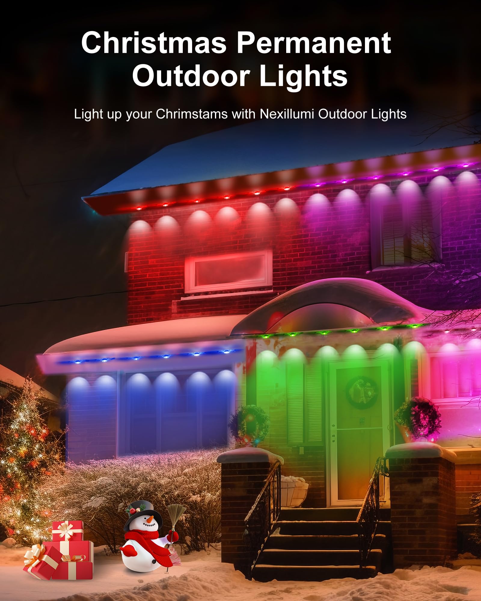 Nexillumi Permanent Outdoor Lights for House, 100ft Smart RGB Plus IC Outside Lights with 72 Scene Modes, IP68 Waterproof Eaves Lights for Christmas All Holiday Decorations