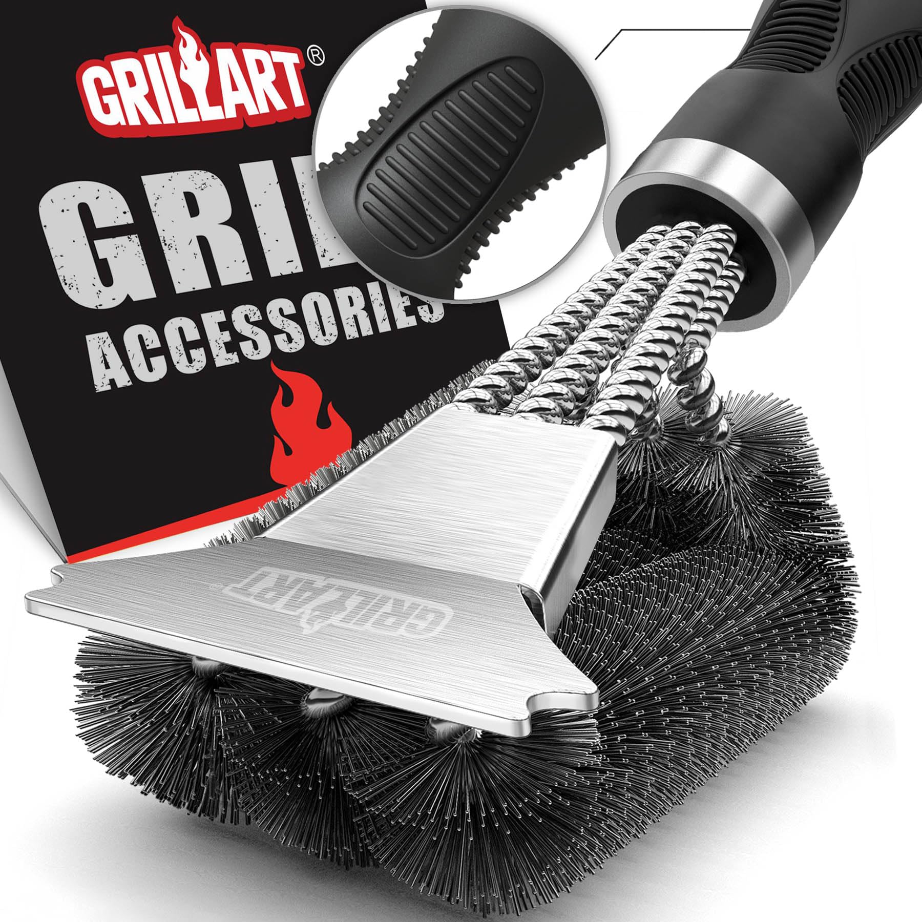 GRILLART Grill Brush and Scraper, Extra Strong BBQ Cleaner Accessories, Safe Wire Bristles 18" Barbecue Triple Scrubbers Cleaning Brush for Gas/Charcoal Grilling Grates, Wizard Tool BR-8115